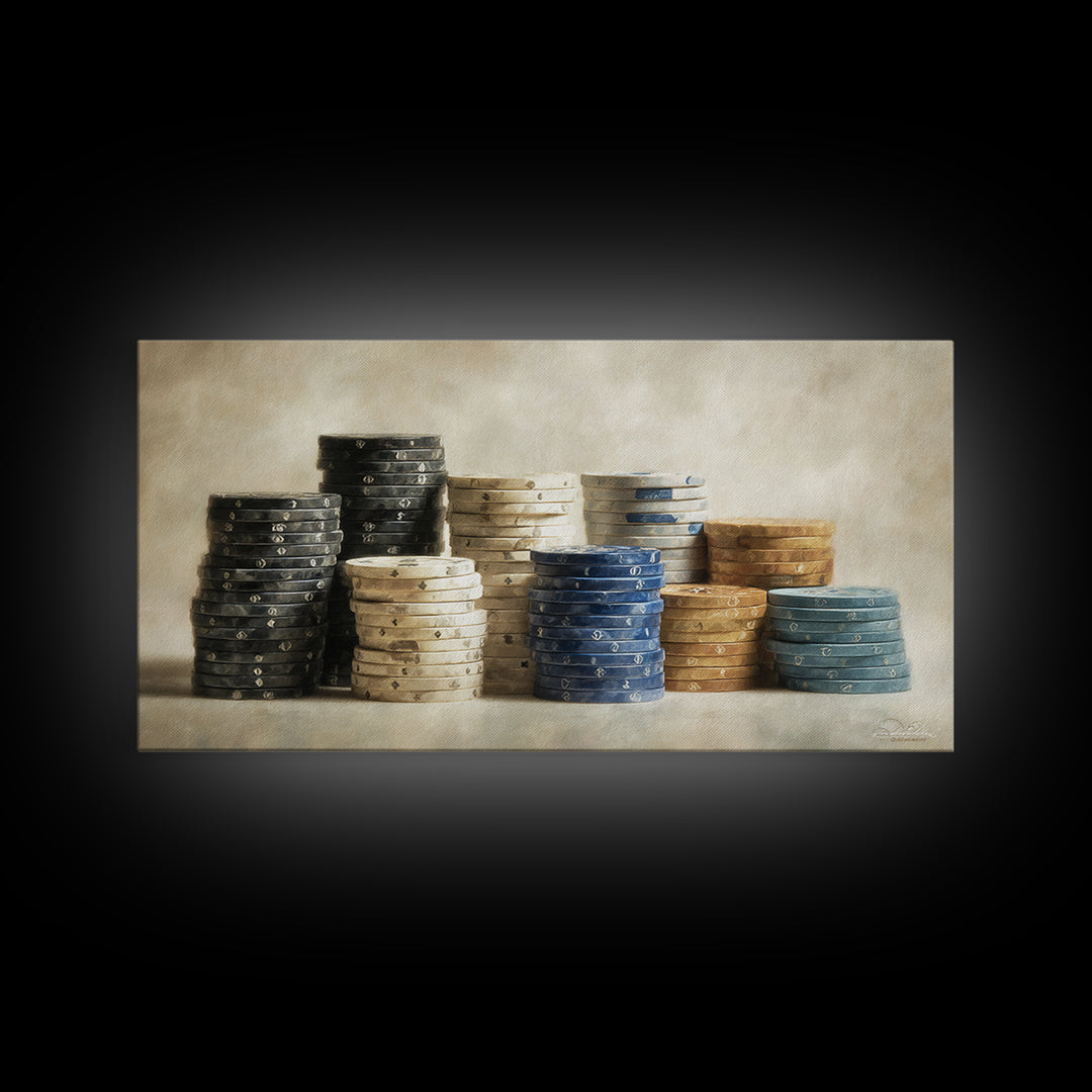 Poker Chips Stacked Like Casino Still Life Framed Canvas Print, Game Room Art, Modern Wall Art, Game Room Decor, Fine Art, Play, GRA-2x1-3