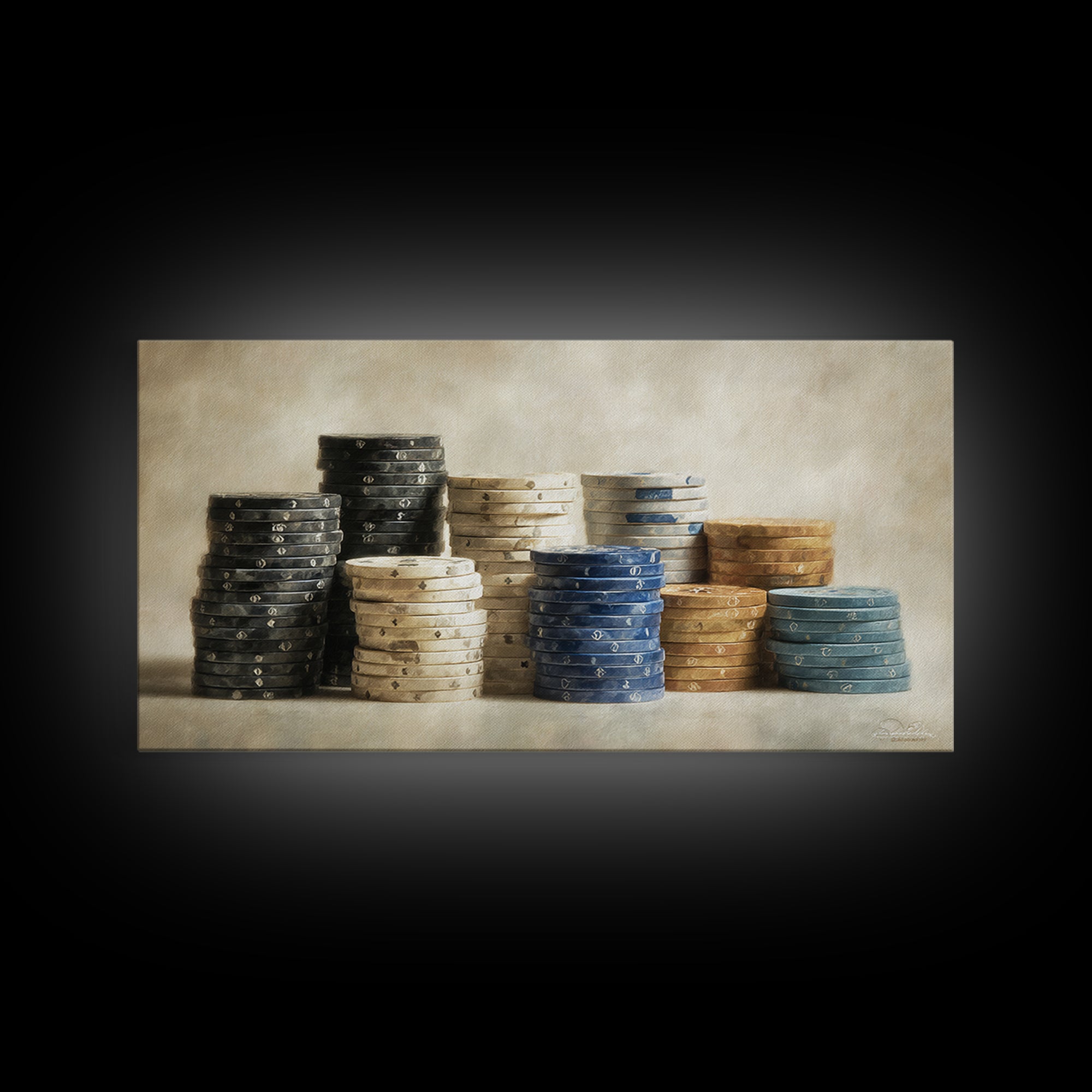 Poker Chips Stacked Like Casino Still Life Framed Canvas Print, Game Room Art, Modern Wall Art, Game Room Decor, Fine Art, Play, GRA-2x1-3
