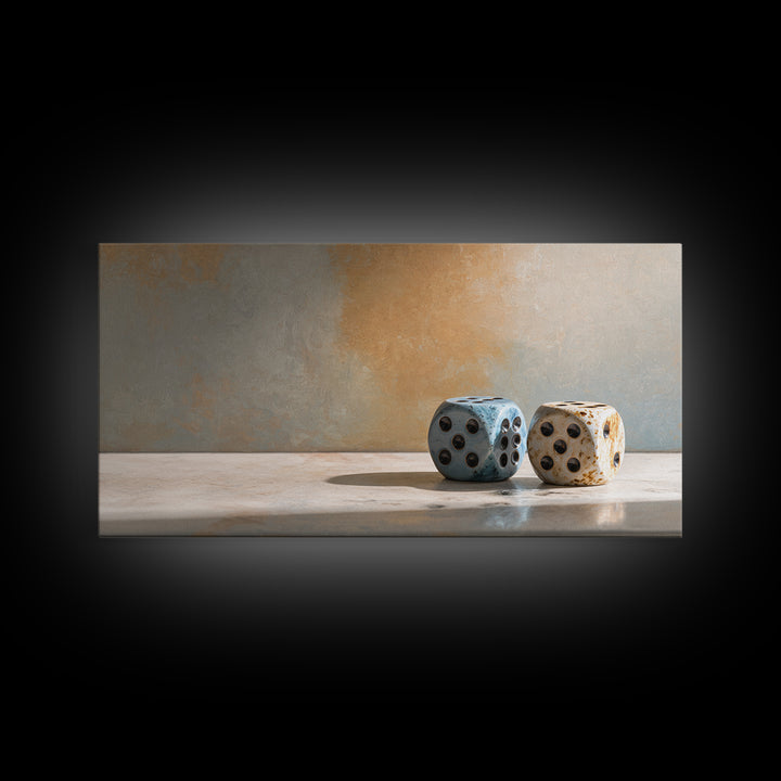 Tabletop Dice Rolling Through Dramatic Light Framed Canvas Print, Game Room Art, Minimalist Decor, Game Room Decor, Play, GRA-2x1-37