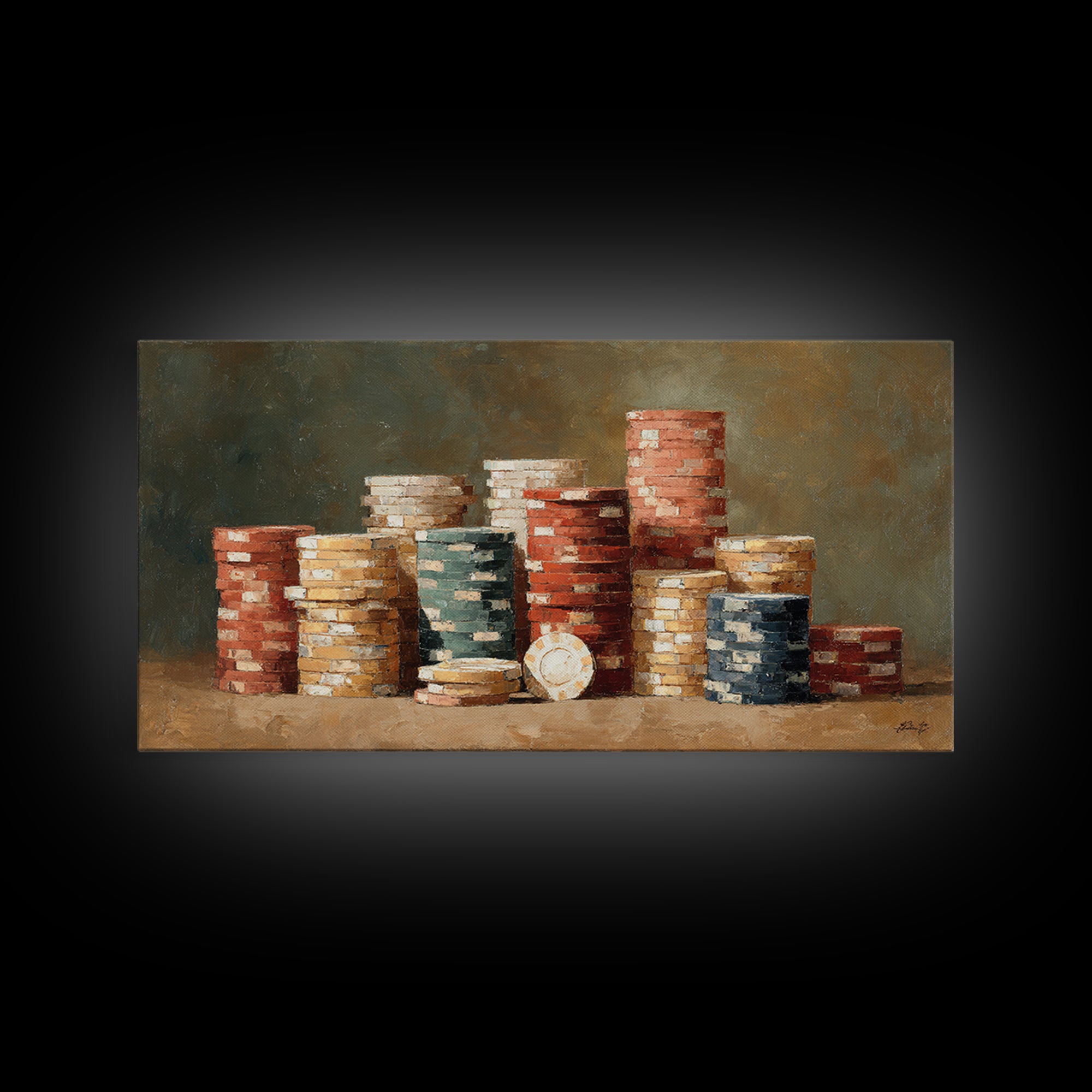 Poker Chips Stacked Like Casino Still Life Framed Canvas Print, Game Room Art, Bedroom Wall Art, Game Room Decor, GRA-2x1-51