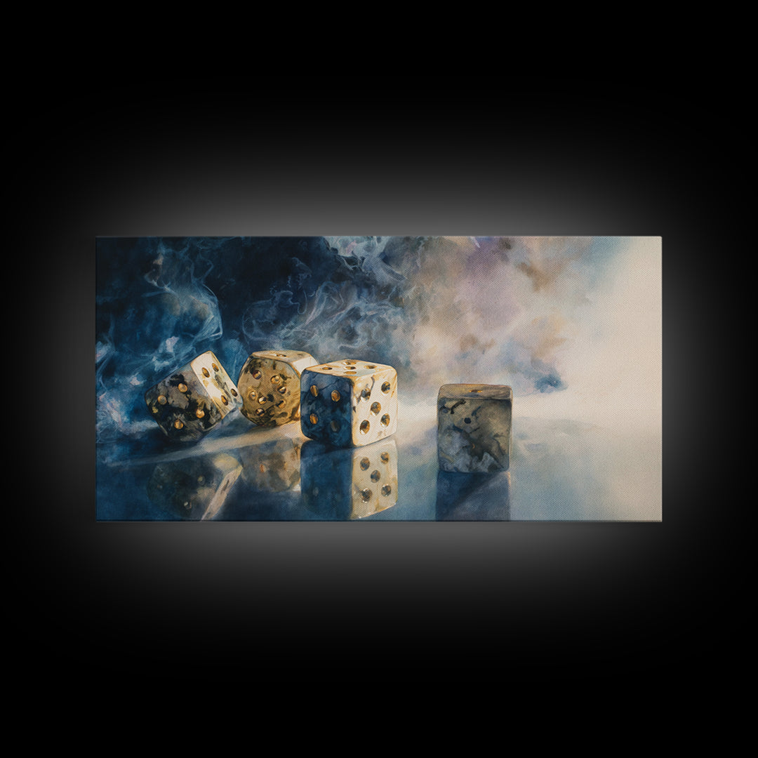 Tabletop Dice Rolling Through Dramatic Light Canvas Print, Game Room Art, Classroom Decor, Game Room Decor, Fine Art, Play, GRA-2x1-61