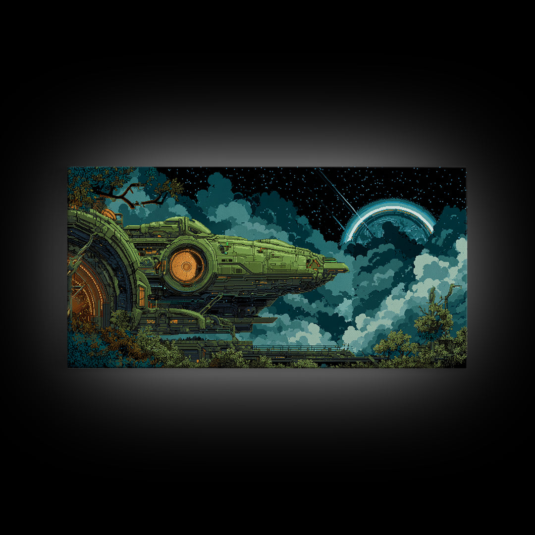 Arcade Spaceship Pixel Art Scene Canvas Print, Game Room Art, African American Art, Game Room Decor, Play, Kids Room Wall Art, GRA-2x1-63