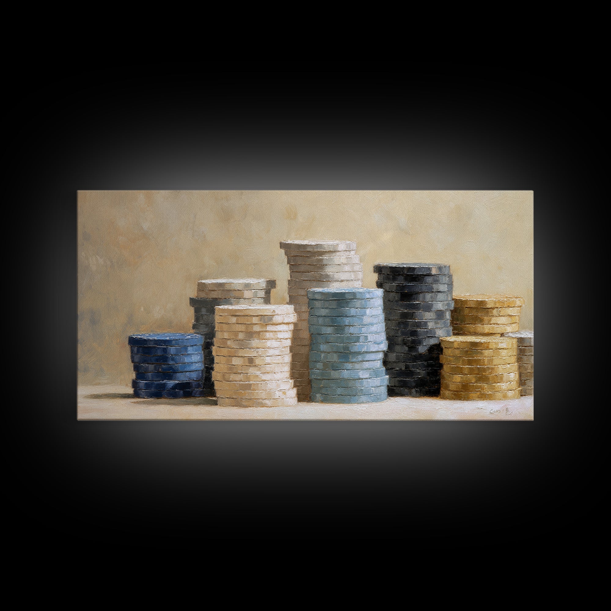 Poker Chips Stacked Like Casino Still Life Framed Canvas Print, Game Room Art, Boho Decor, Game Room Decor, Fine Art, Play, GRA-2x1-75