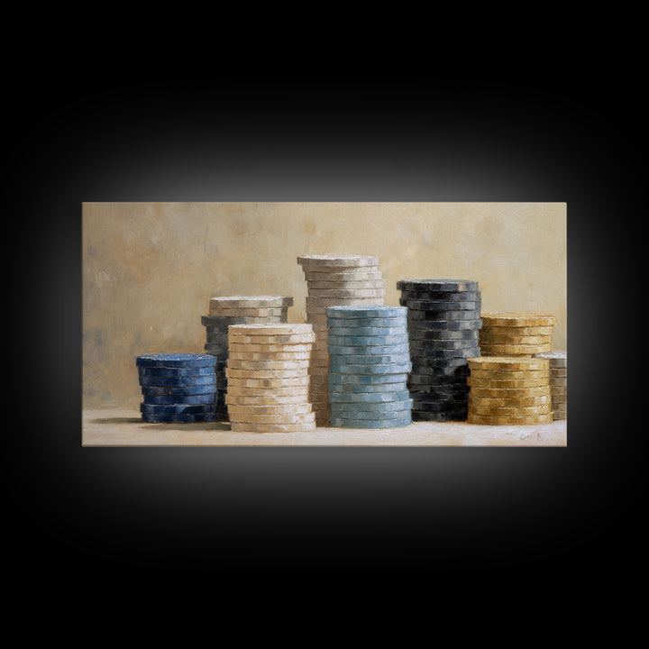 Poker Chips Stacked Like Casino Still Life Framed Canvas Print, Game Room Art, Boho Decor, Game Room Decor, Fine Art, Play, GRA-2x1-75
