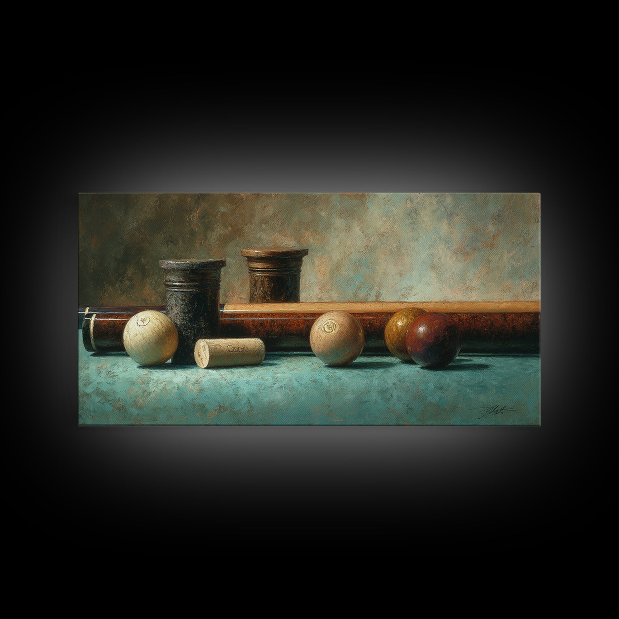 Pool Cue and Chalk on Green Felt Canvas Print, Game Room Art, Contemporary Art, Game Room Decor, Play, Bedroom Wall Art, GRA-2x1-78