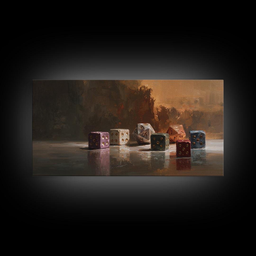 Tabletop Dice Rolling Through Dramatic Light Framed Canvas Print, Game Room Art, Living Room Decor, Game Room Decor, Play, GRA-2x1-85