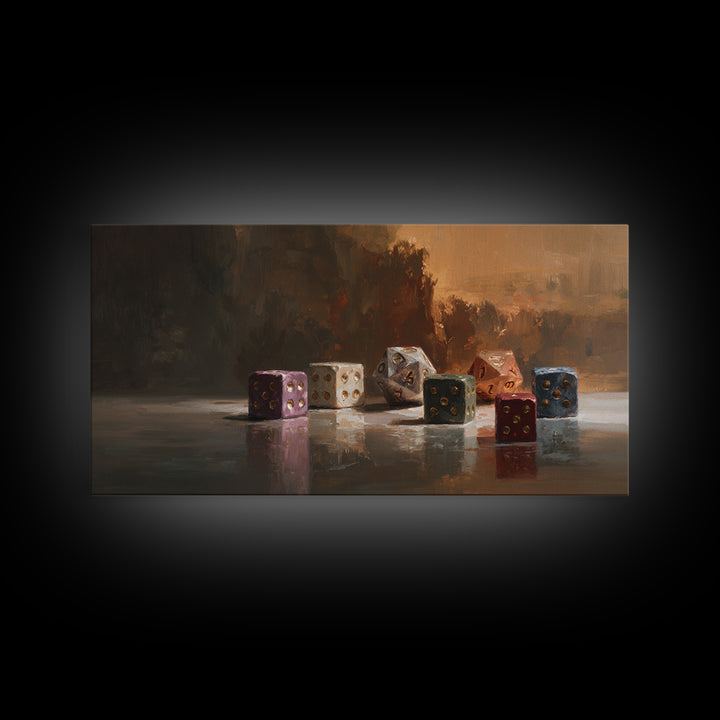 Tabletop Dice Rolling Through Dramatic Light Framed Canvas Print, Game Room Art, Living Room Decor, Game Room Decor, Play, GRA-2x1-85