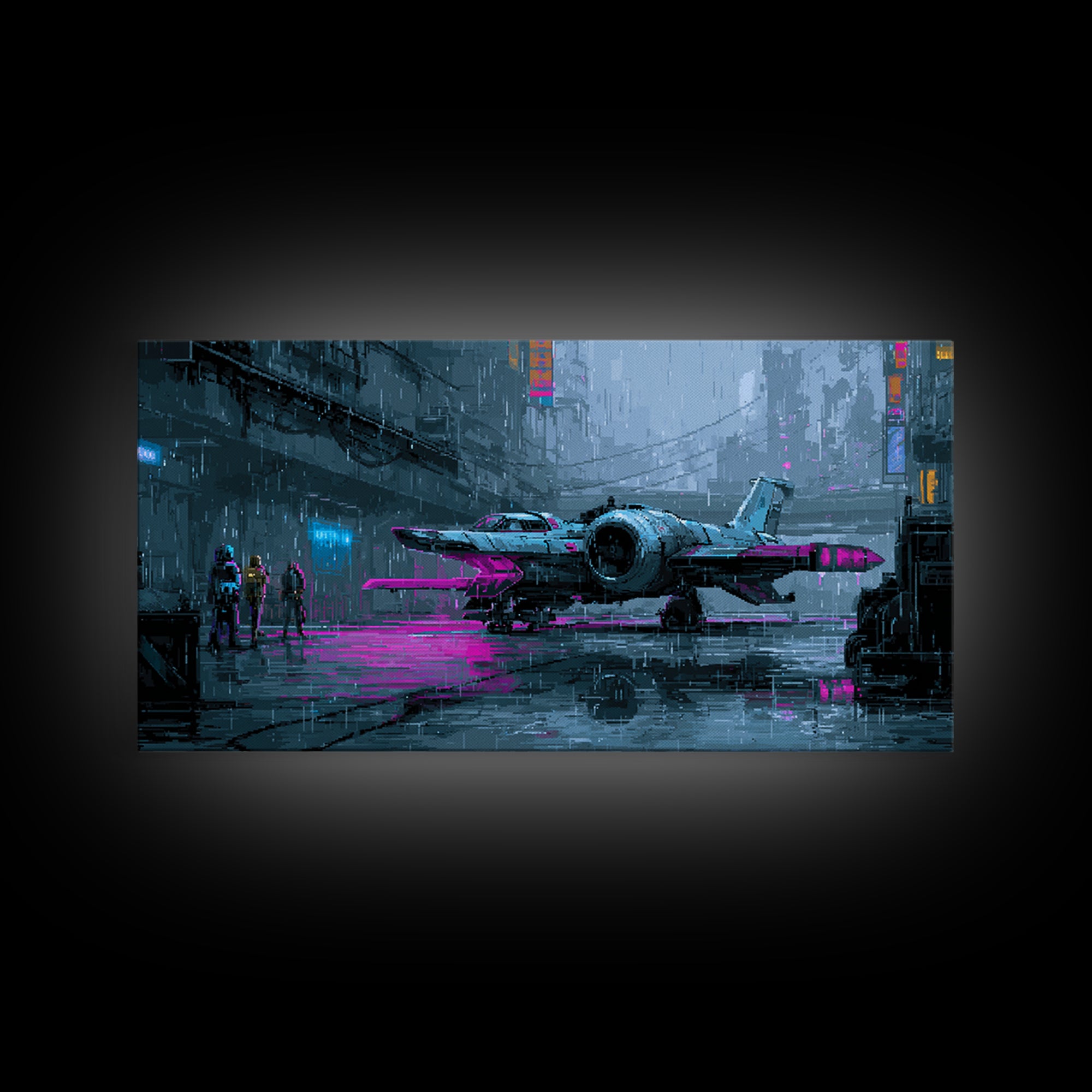 Arcade Spaceship Pixel Art Scene Framed Canvas Print, Game Room Art, Pop Art, Game Room Decor, Fine Art, Play, Fine Art Print, GRA-2x1-87