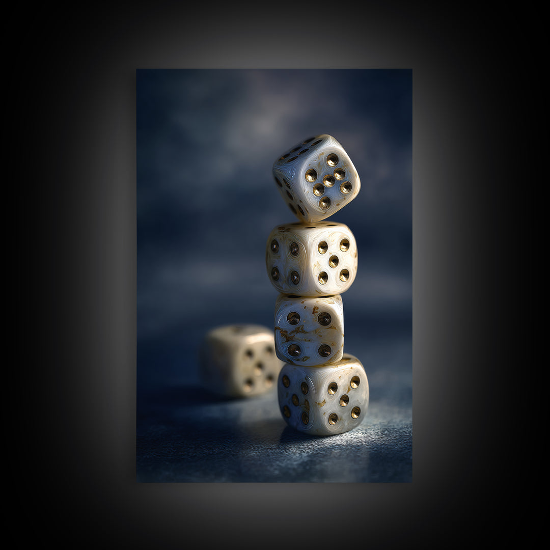 Tabletop Dice Rolling Through Dramatic Light Canvas Print, Game Room Art, Canvas Wall Art, Game Room Decor, Fine Art, Play, GRA-2x3-49