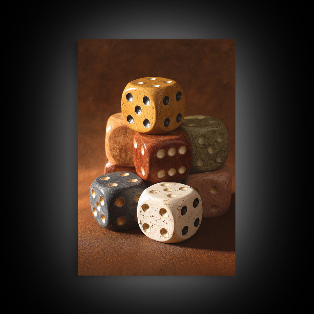 Tabletop Dice Rolling Through Dramatic Light Framed Canvas Print, Game Room Art, Canvas Print, Game Room Decor, Fine Art, Play, GRA-2x3-73