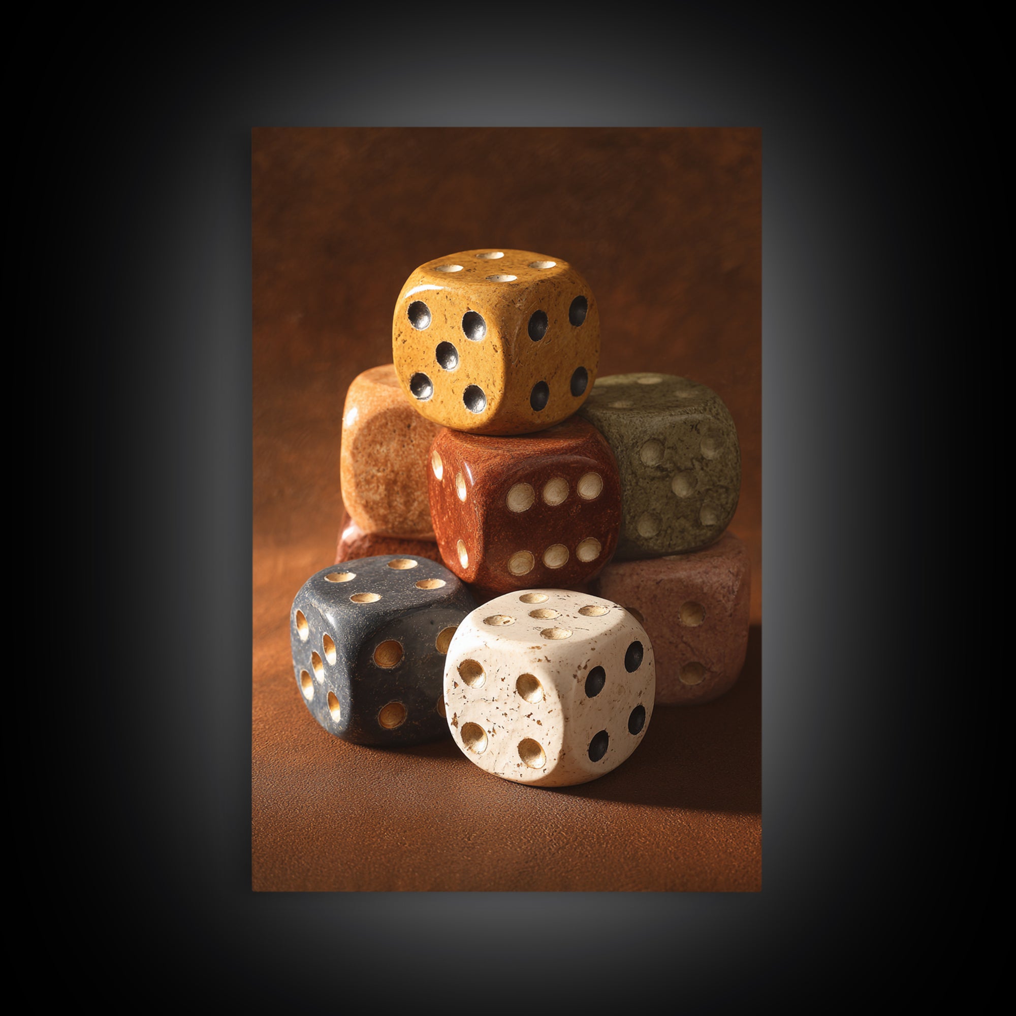 Tabletop Dice Rolling Through Dramatic Light Framed Canvas Print, Game Room Art, Canvas Print, Game Room Decor, Fine Art, Play, GRA-2x3-73