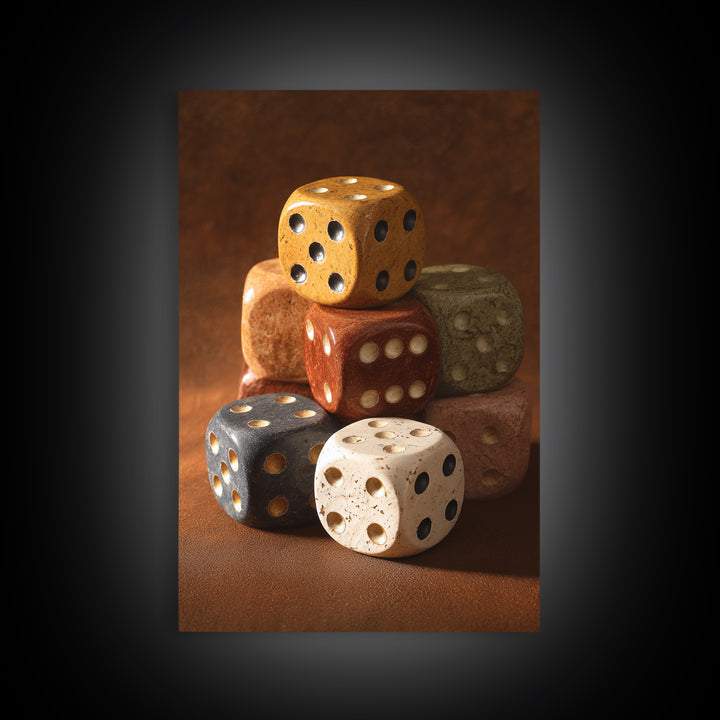 Tabletop Dice Rolling Through Dramatic Light Framed Canvas Print, Game Room Art, Canvas Print, Game Room Decor, Fine Art, Play, GRA-2x3-73