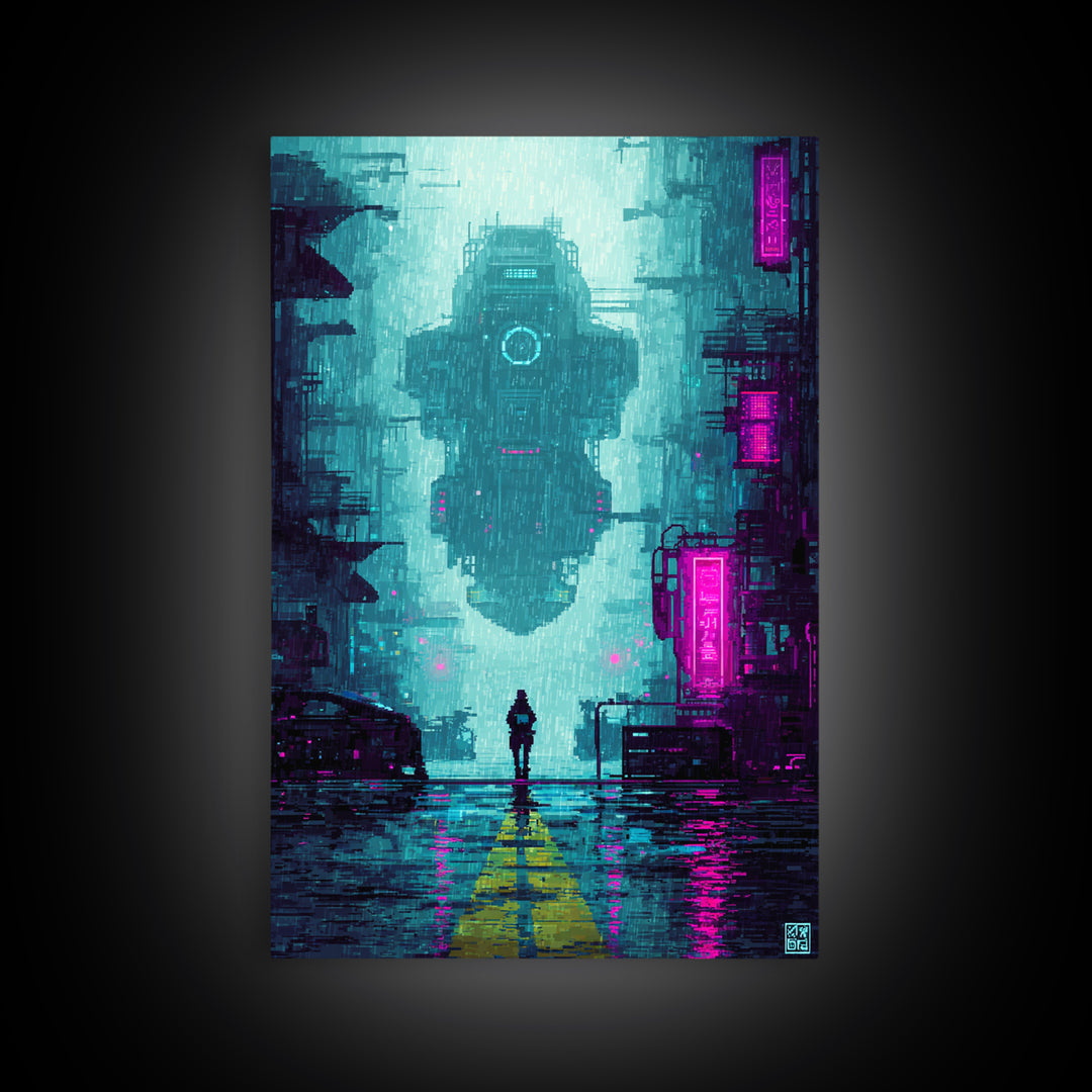 Arcade Spaceship Pixel Art Scene Framed Canvas Print, Game Room Art, Canvas Art, Game Room Decor, Play, Living Room Art, GRA-2x3-75