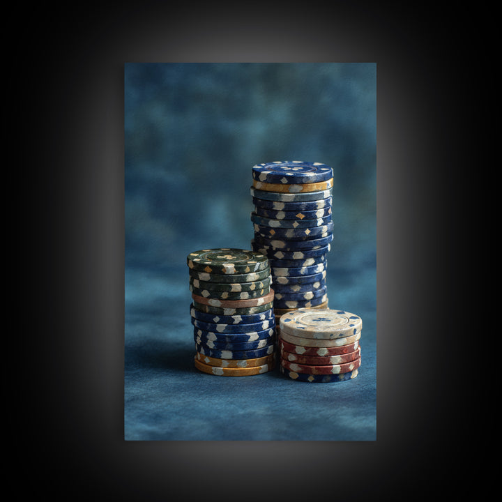 Poker Chips Stacked Like Casino Still Life Framed Canvas Print, Game Room Art, African American Art, Game Room Decor, Play, GRA-2x3-87
