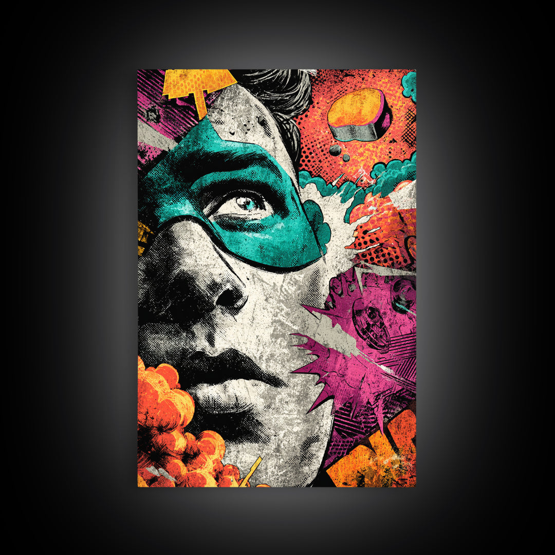 Comic Style Explosion with Game Icons Canvas Print, Game Room Art, Trendy Wall Art, Game Room Decor, Oil Painting, Play, GRA-2x3-95