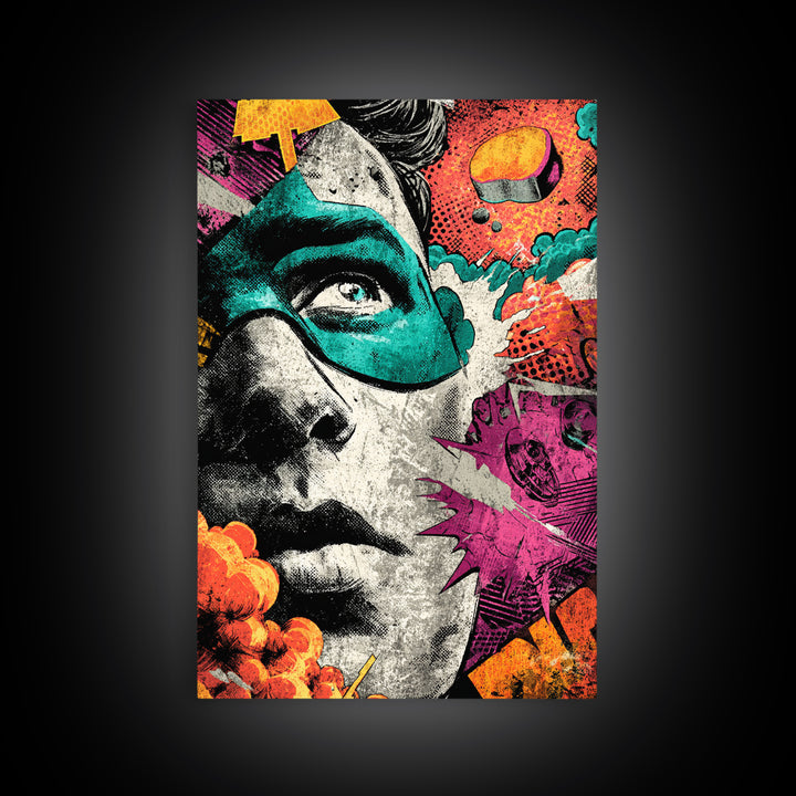 Comic Style Explosion with Game Icons Canvas Print, Game Room Art, Trendy Wall Art, Game Room Decor, Oil Painting, Play, GRA-2x3-95