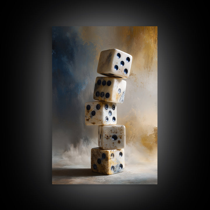 Tabletop Dice Rolling Through Dramatic Light Framed Canvas Print, Game Room Art, Canvas Print, Game Room Decor, Fine Art, Play, GRA-2x3-97