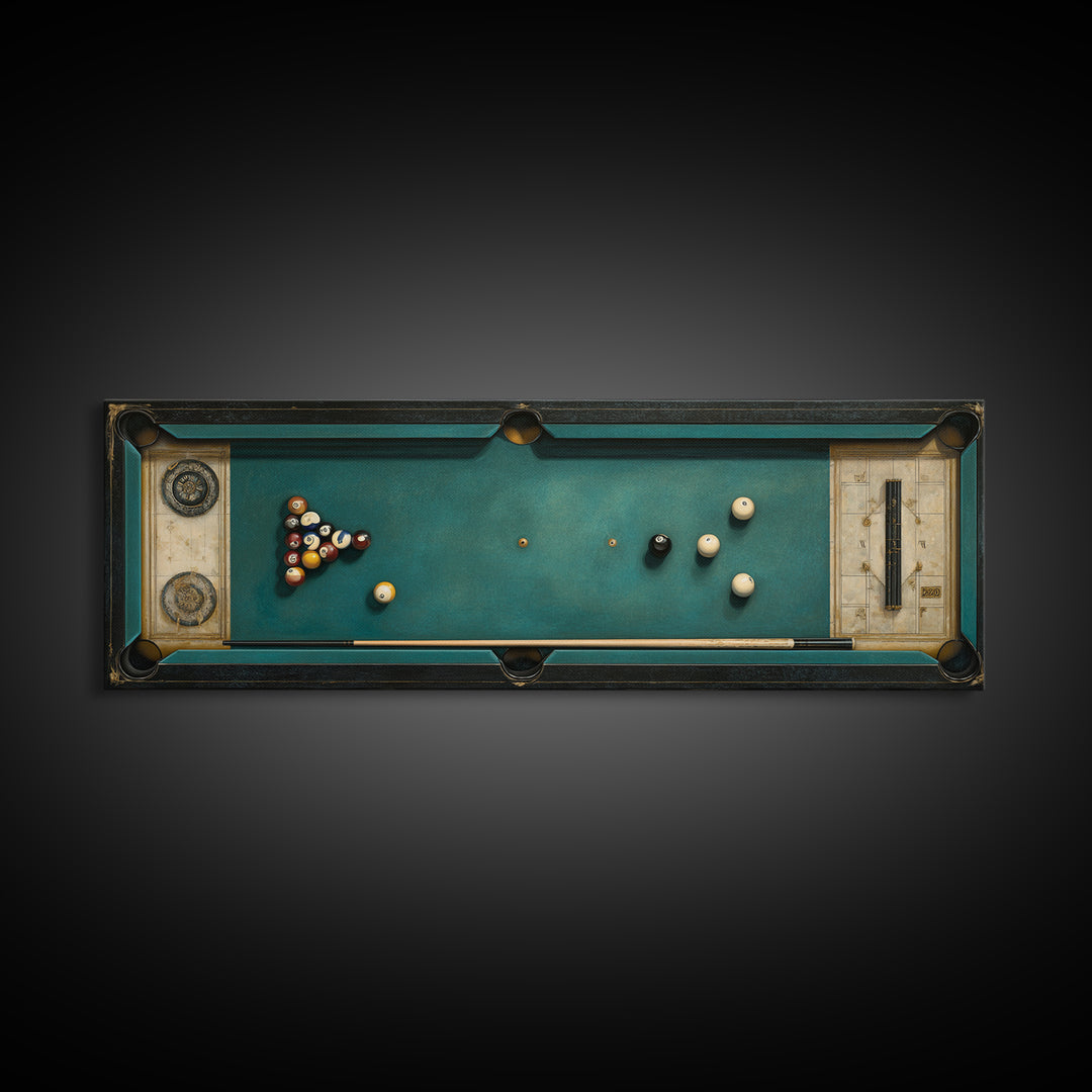 Pool Cue and Chalk on Green Felt Framed Canvas Print, Game Room Art, Original Art, Game Room Decor, Play, Trendy Wall Art, GRA-3x1-2