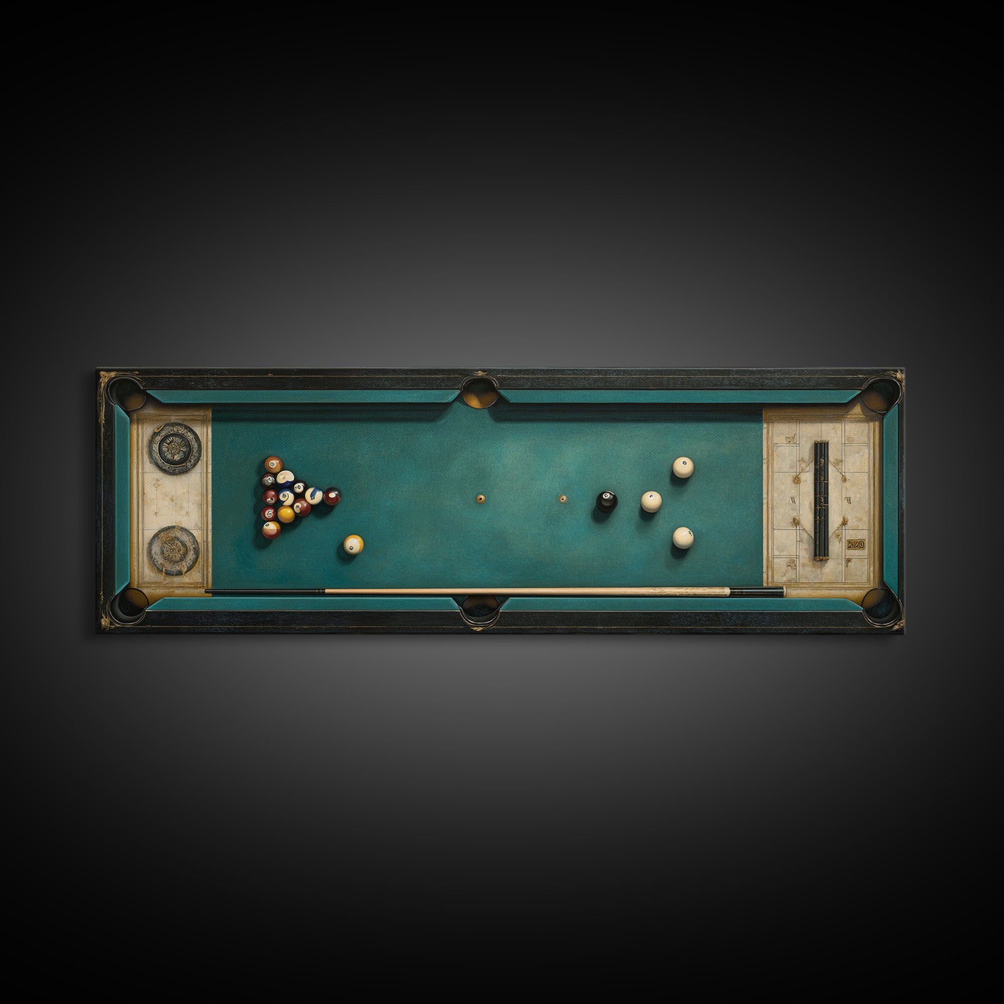 Pool Cue and Chalk on Green Felt Framed Canvas Print, Game Room Art, Original Art, Game Room Decor, Play, Trendy Wall Art, GRA-3x1-2