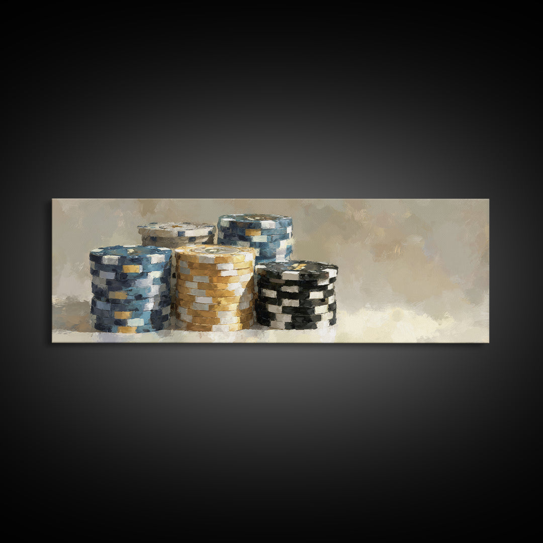 Poker Chips Stacked Like Casino Still Life Framed Canvas Print, Game Room Art, Game Room Decor, Oil Painting, Play, GRA-3x1-47