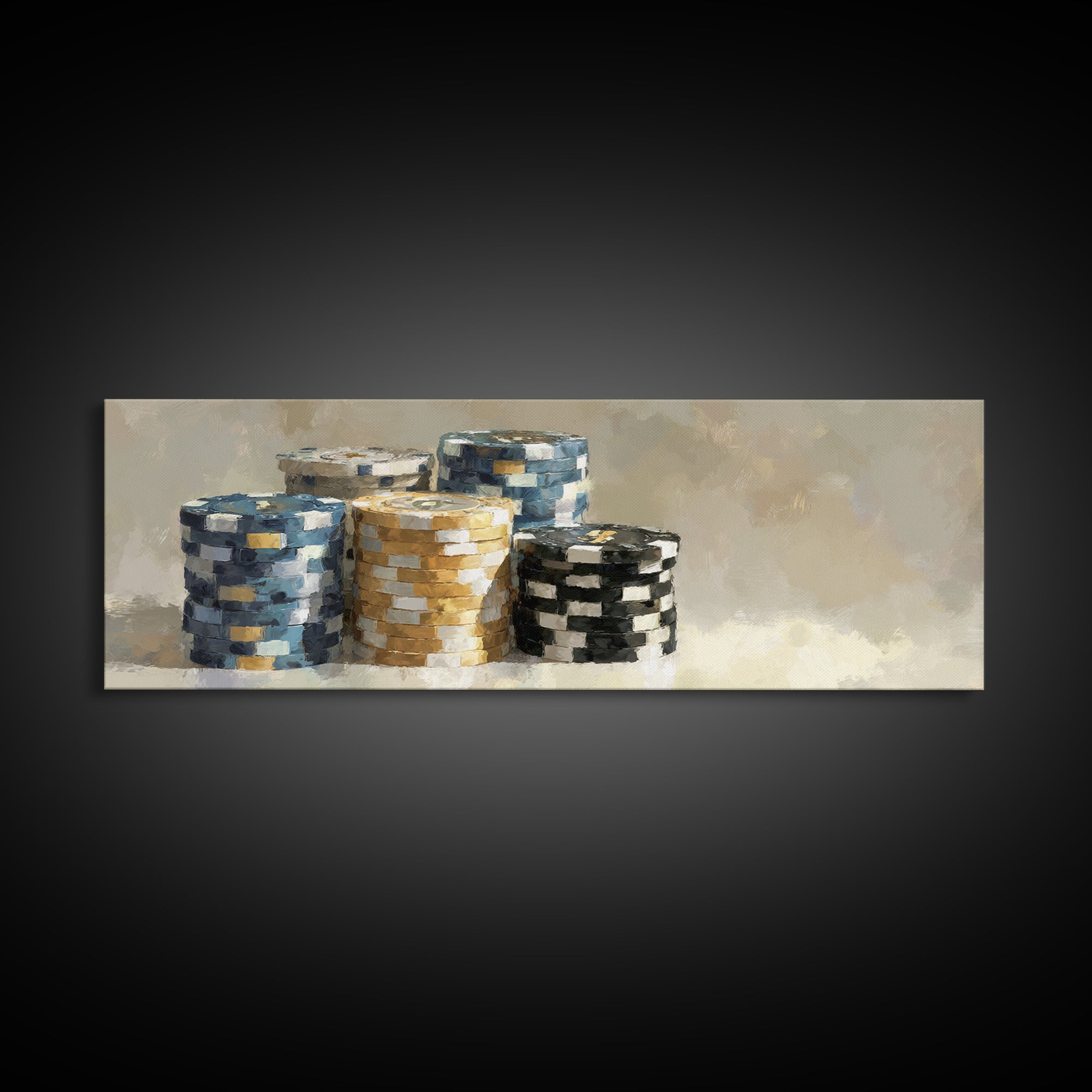 Poker Chips Stacked Like Casino Still Life Framed Canvas Print, Game Room Art, Game Room Decor, Oil Painting, Play, GRA-3x1-47