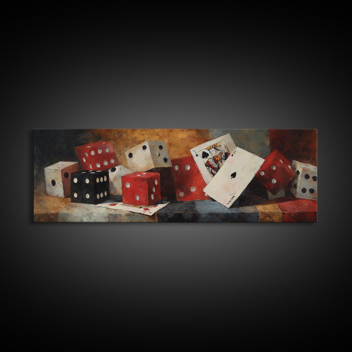 Playing Cards and Dice Framed Canvas Print, Game Room Art, Black Art, Game Room Decor, Abstract Art, Play, Playroom Art, GRA-3x1-67