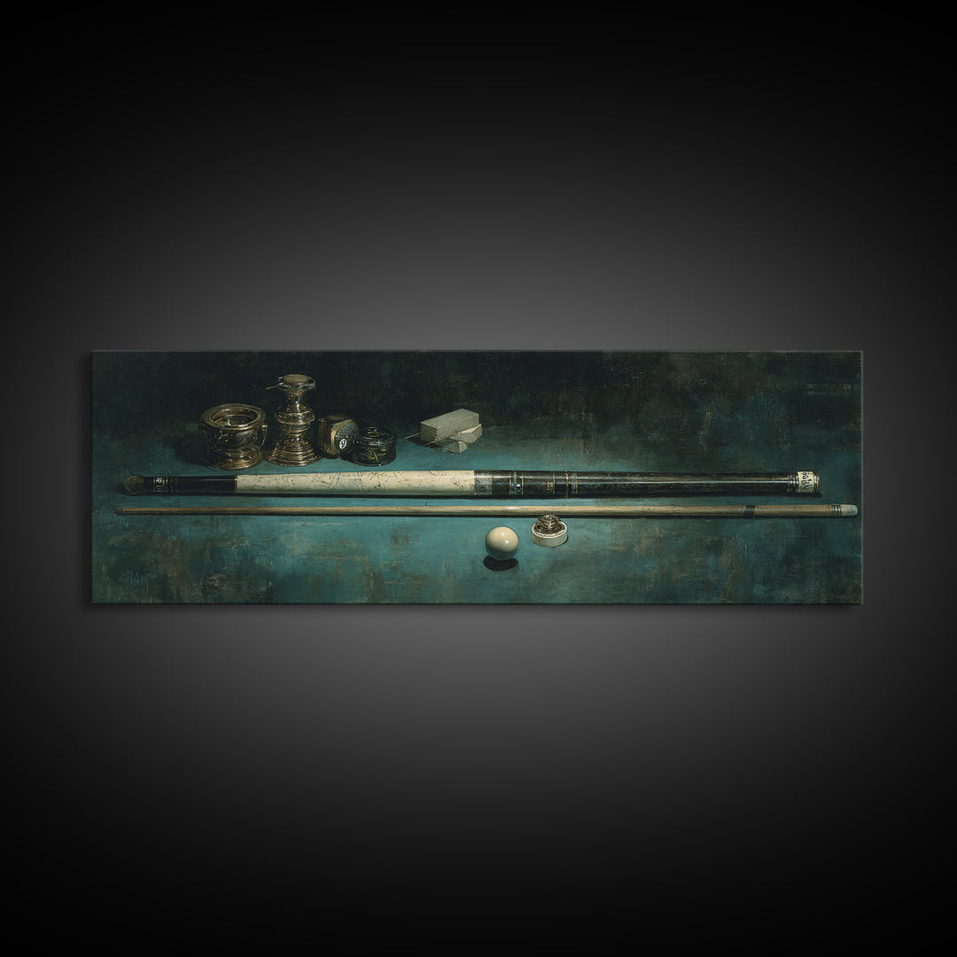 Pool Cue and Chalk on Green Felt Framed Canvas Print, Game Room Art, Black Woman Art, Game Room Decor, Oil Painting, Play, GRA-3x1-74