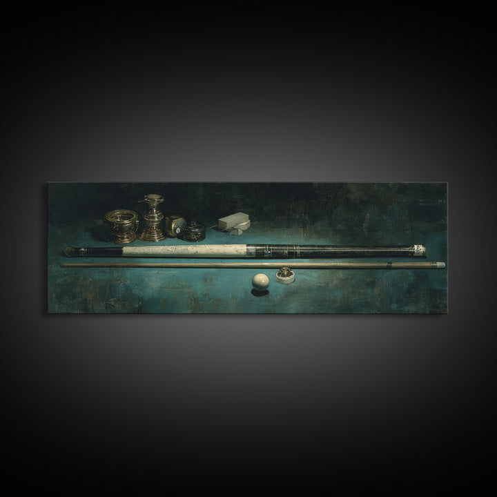 Pool Cue and Chalk on Green Felt Framed Canvas Print, Game Room Art, Black Woman Art, Game Room Decor, Oil Painting, Play, GRA-3x1-74