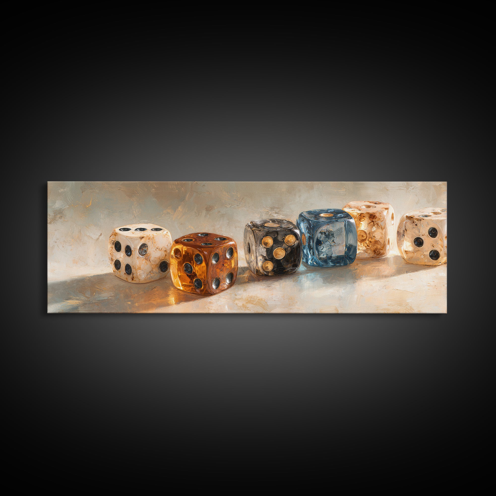 Tabletop Dice Rolling Through Dramatic Light Framed Canvas Print, Game Room Art, Pop Art, Game Room Decor, Fine Art, Play, GRA-3x1-81