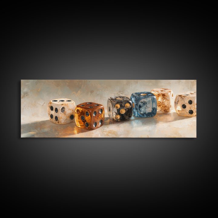 Tabletop Dice Rolling Through Dramatic Light Framed Canvas Print, Game Room Art, Pop Art, Game Room Decor, Fine Art, Play, GRA-3x1-81