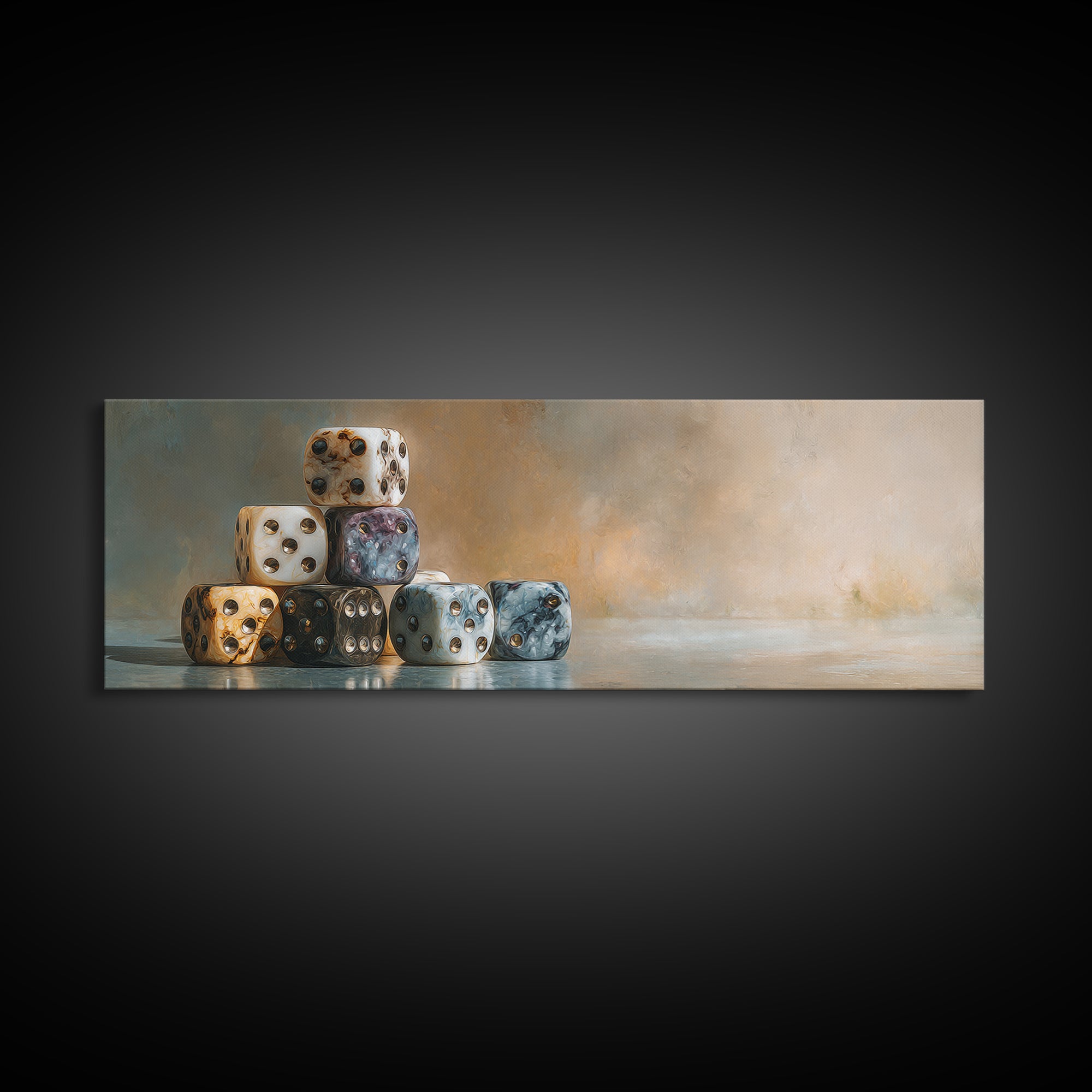 Tabletop Dice Rolling Through Dramatic Light Framed Canvas Print, Game Room Art, Living Room Decor, Game Room Decor, Play, GRA-3x1-9