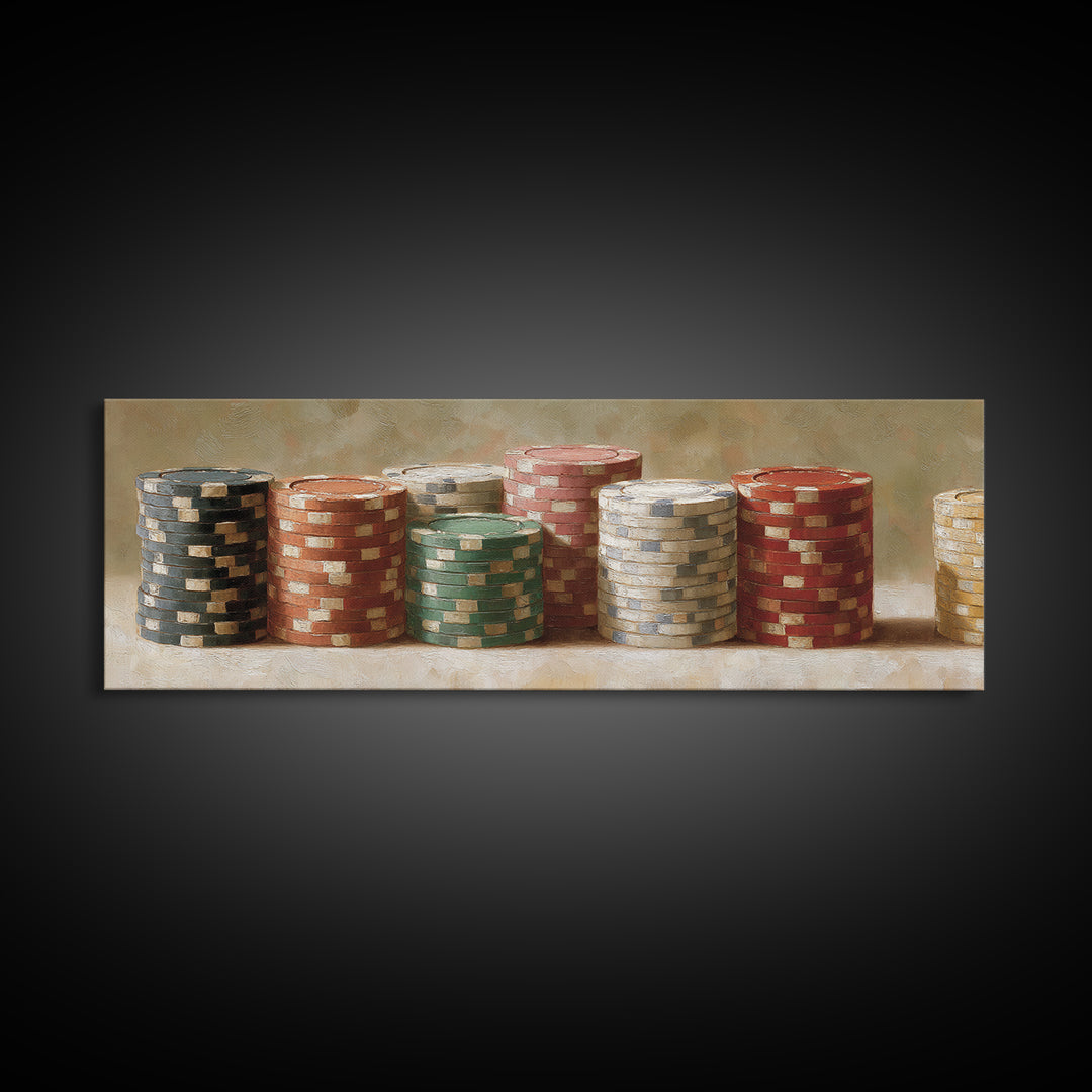 Poker Chips Stacked Like Casino Still Life Canvas Print, Game Room Art, Textured Painting, Game Room Decor, Oil Painting, Play, GRA-3x1-95