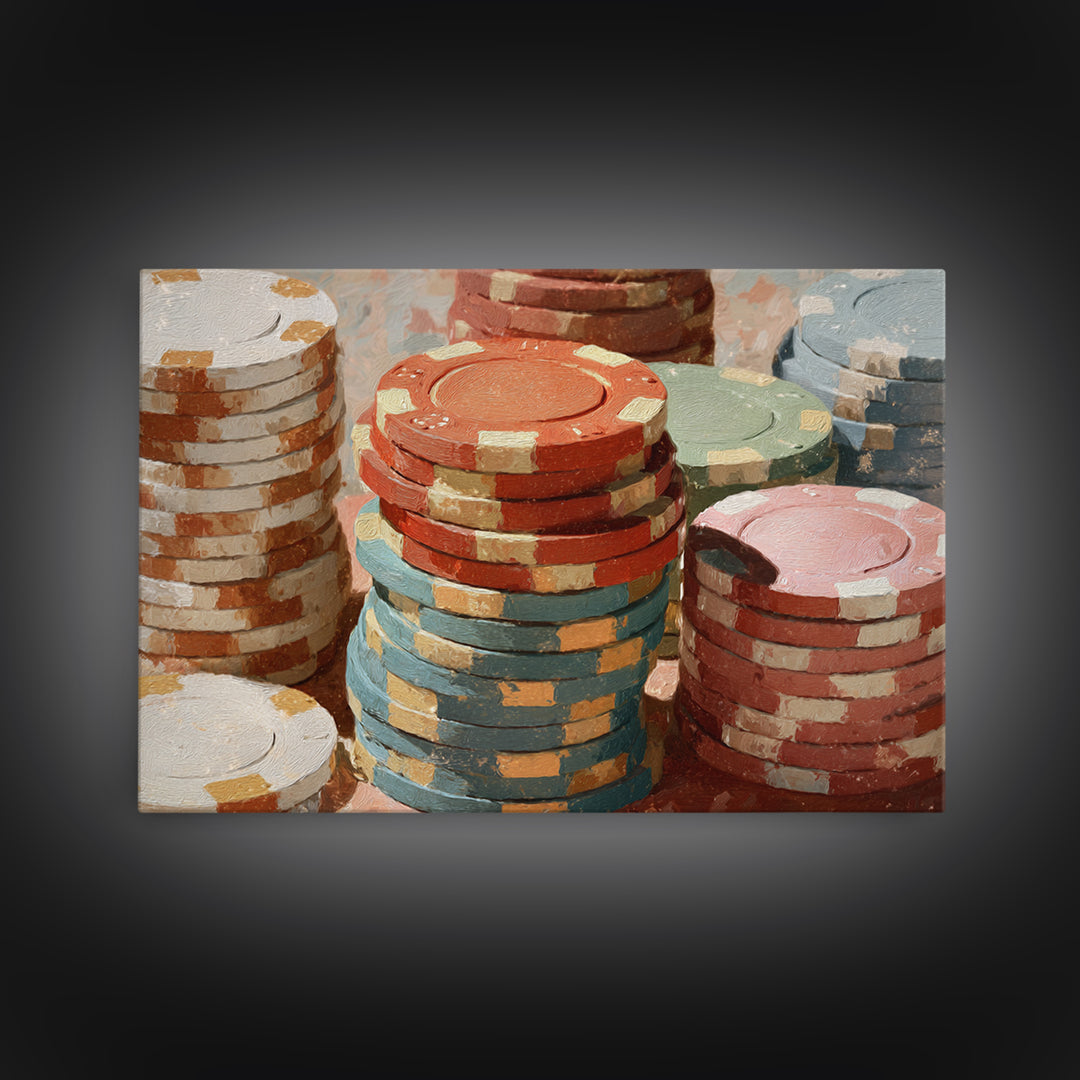 Poker Chips Stacked Like Casino Still Life Canvas Print, Game Room Art, Pop Art, Game Room Decor, Play, Fine Art Print, GRA-3x2-11
