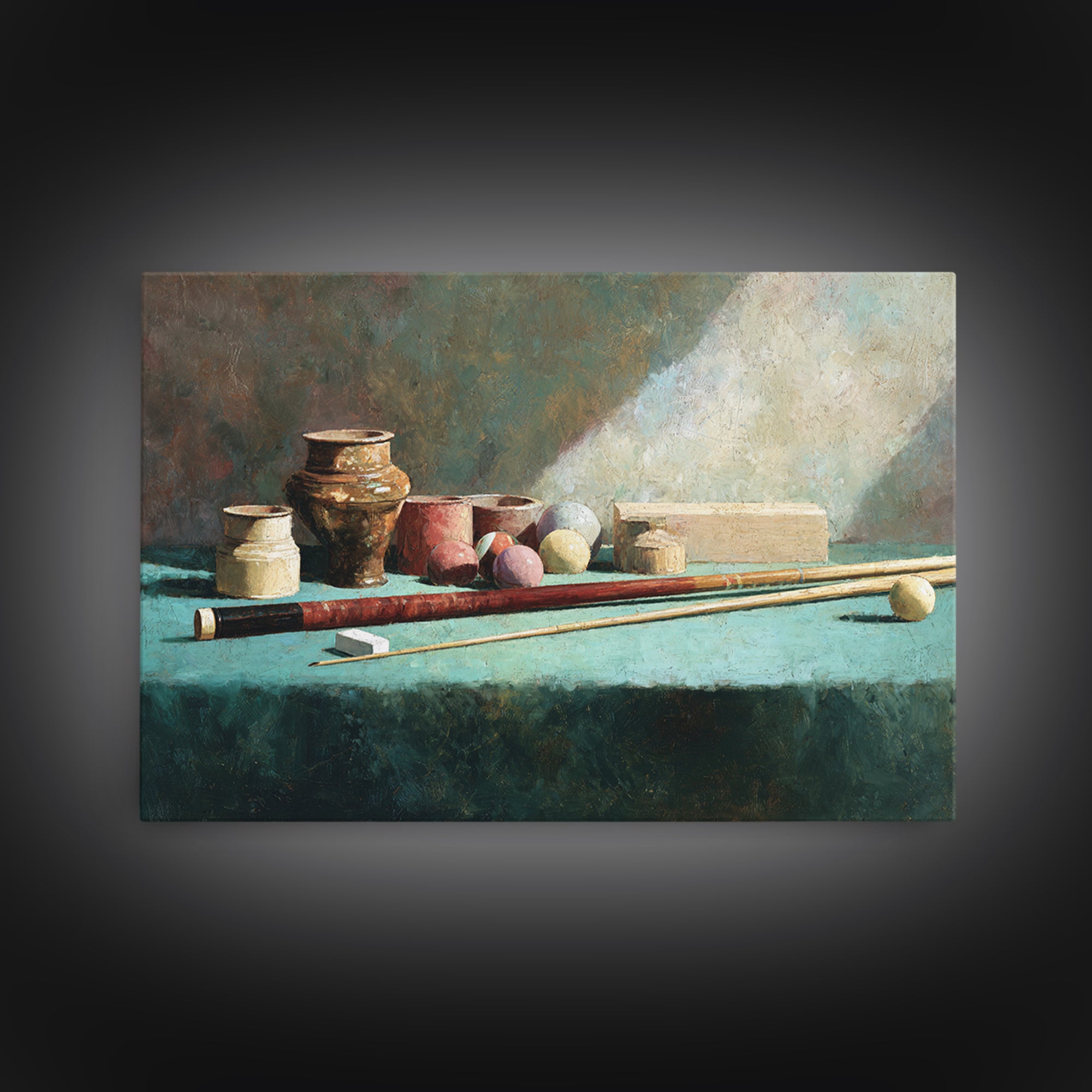 Pool Cue and Chalk on Green Felt Framed Canvas Print, Game Room Art, Canvas Art, Game Room Decor, Play, Living Room Art, GRA-3x2-14