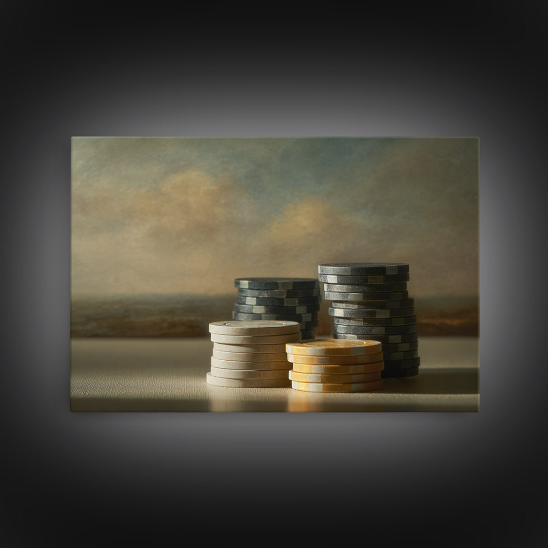 Poker Chips Stacked Like Casino Still Life Framed Canvas Print, Game Room Art, Original Artwork, Game Room Decor, Play, GRA-3x2-35