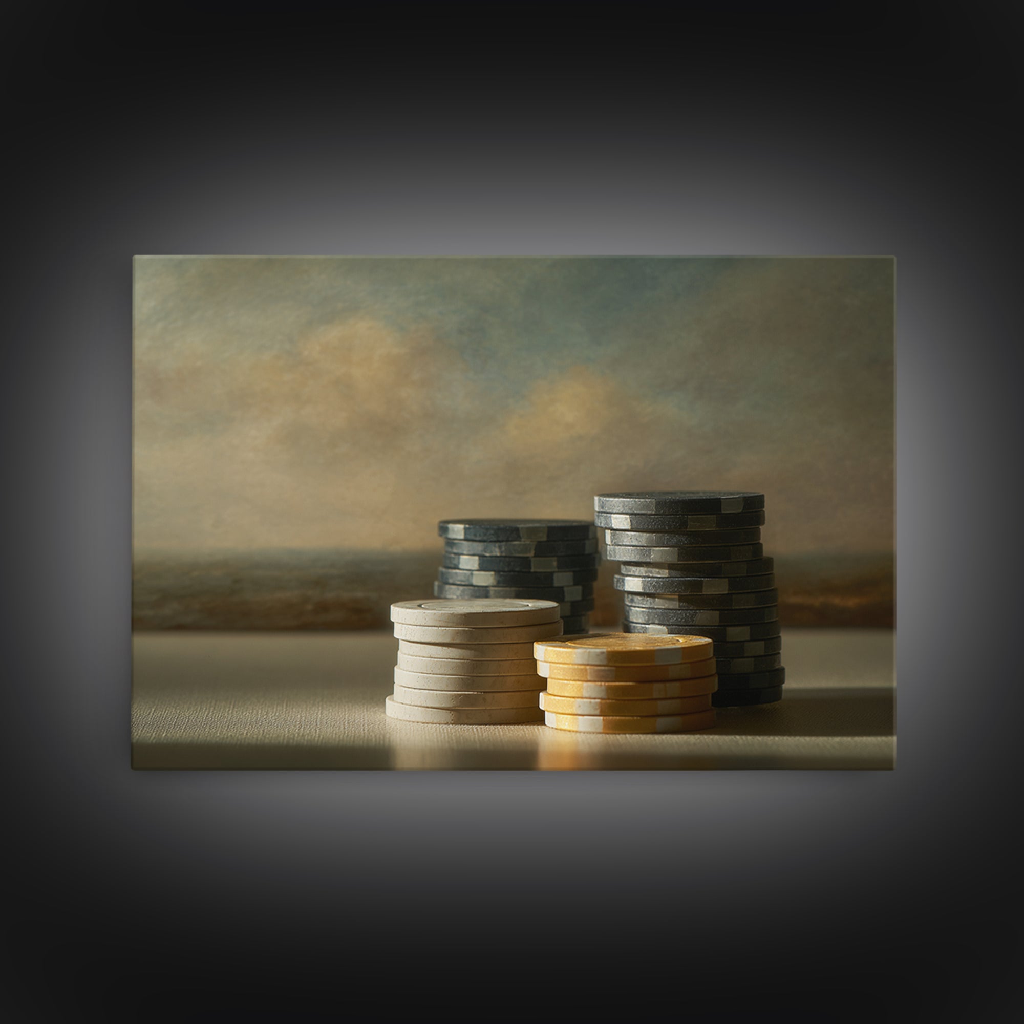 Poker Chips Stacked Like Casino Still Life Framed Canvas Print, Game Room Art, Original Artwork, Game Room Decor, Play, GRA-3x2-35