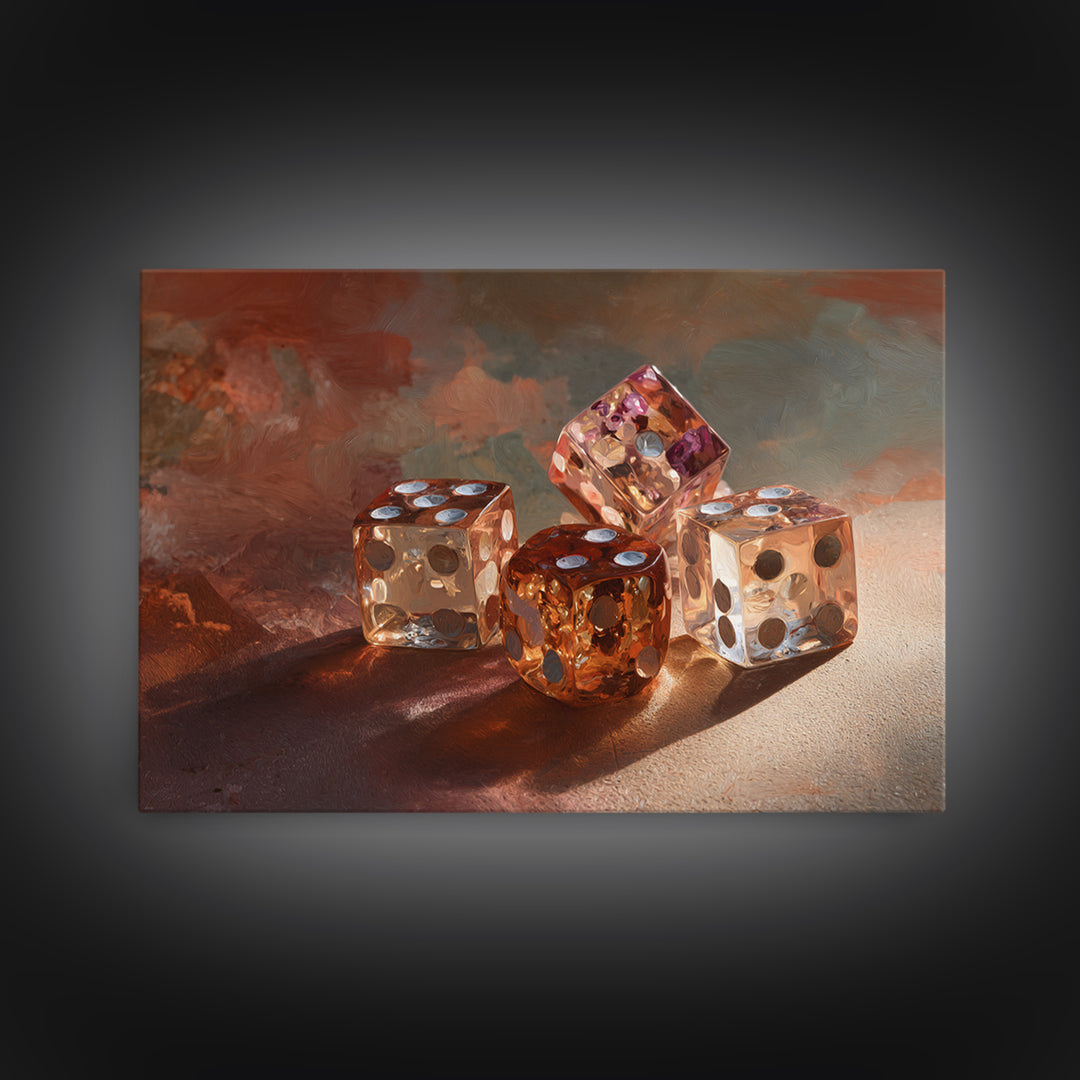 Tabletop Dice Rolling Through Dramatic Light Framed Canvas Print, Game Room Art, Unique Home Decor, Game Room Decor, Play, GRA-3x2-45