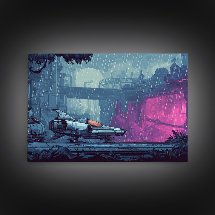 Arcade Spaceship Pixel Art Scene Framed Canvas Print, Game Room Art, Room Decor, Game Room Decor, Oil Painting, Play, GRA-3x2-47