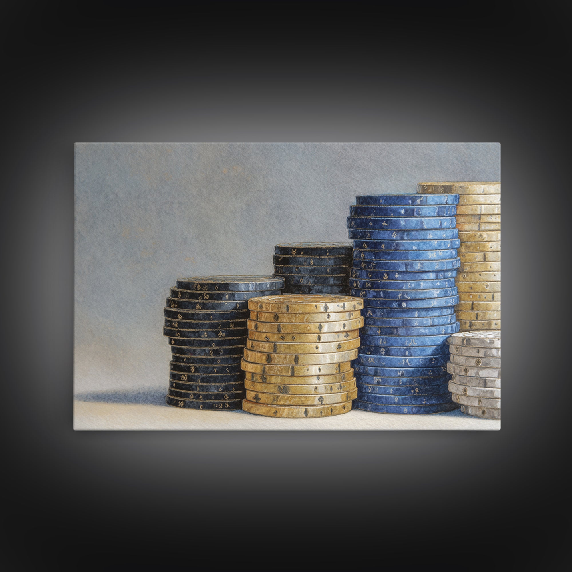 Poker Chips Stacked Like Casino Still Life Framed Canvas Print, Game Room Art, Art Print, Game Room Decor, Oil Painting, Play, GRA-3x2-59
