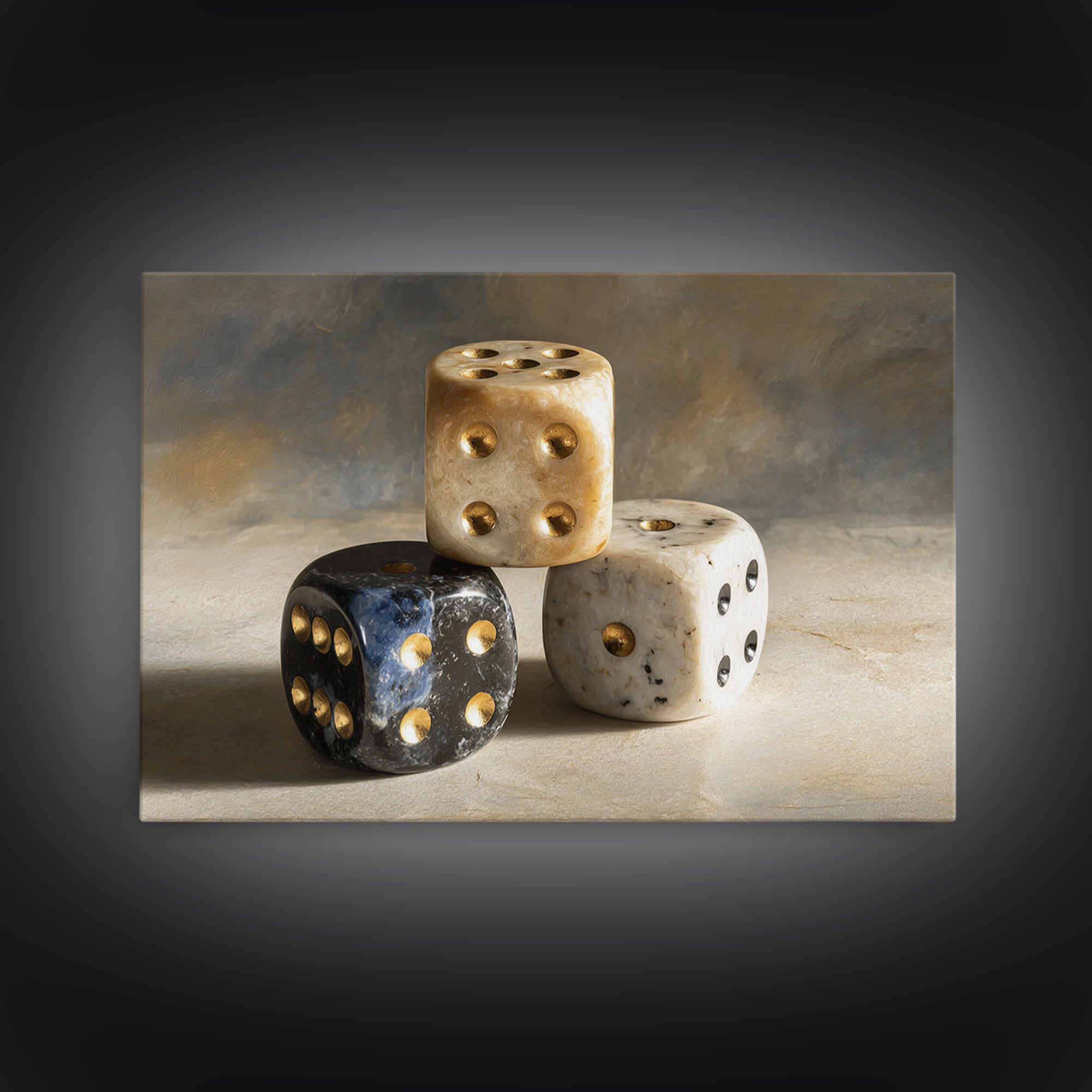 Tabletop Dice Rolling Through Dramatic Light Framed Canvas Print, Game Room Art, Unique Home Decor, Game Room Decor, Play, GRA-3x2-69