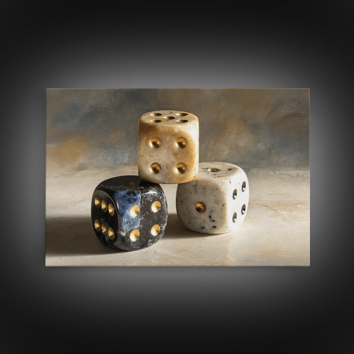 Tabletop Dice Rolling Through Dramatic Light Framed Canvas Print, Game Room Art, Unique Home Decor, Game Room Decor, Play, GRA-3x2-69