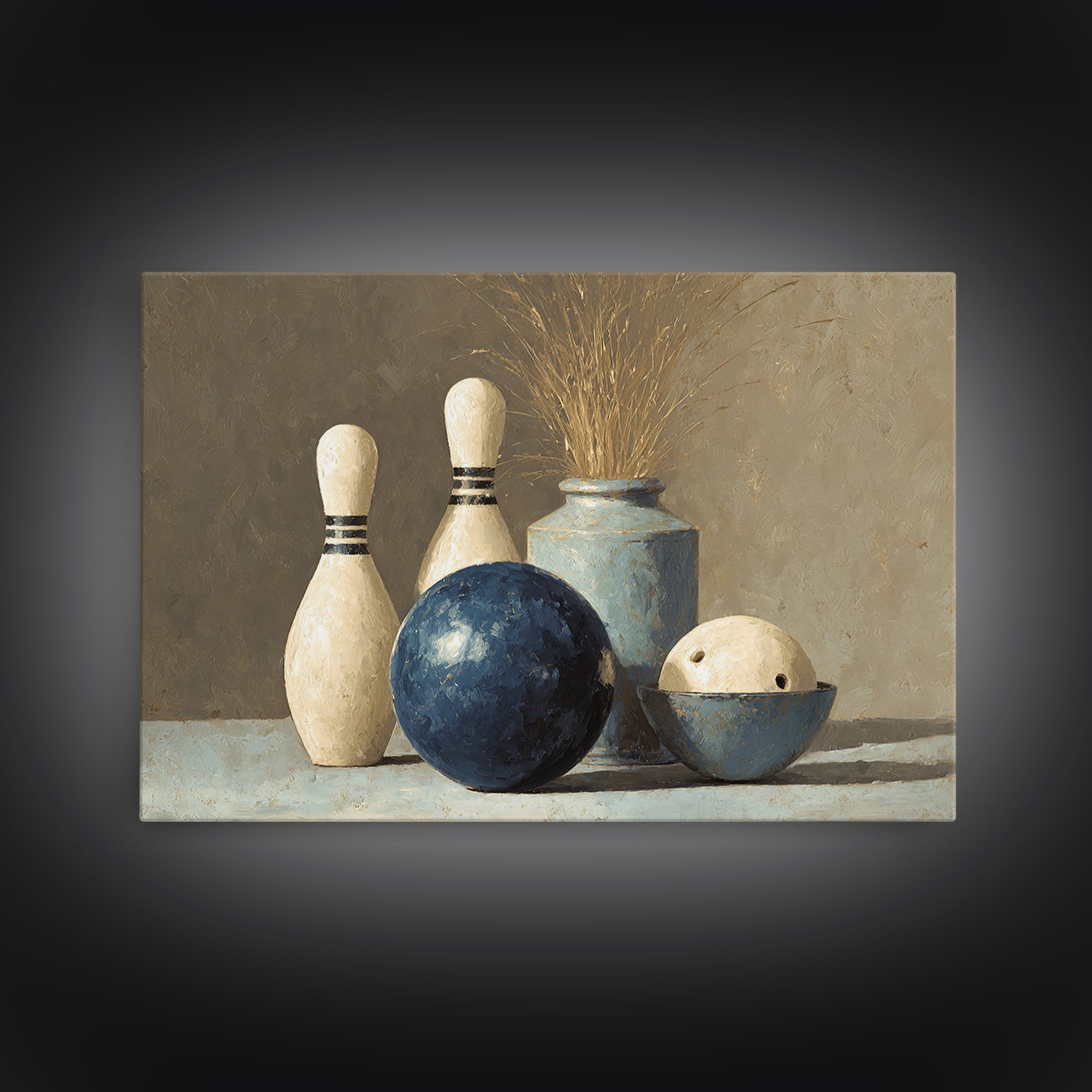Bowling Ball and Pins Framed Canvas Print, Game Room Art, Living Room Art, Game Room Decor, Fine Art, Play, Neutral Decor, GRA-3x2-90