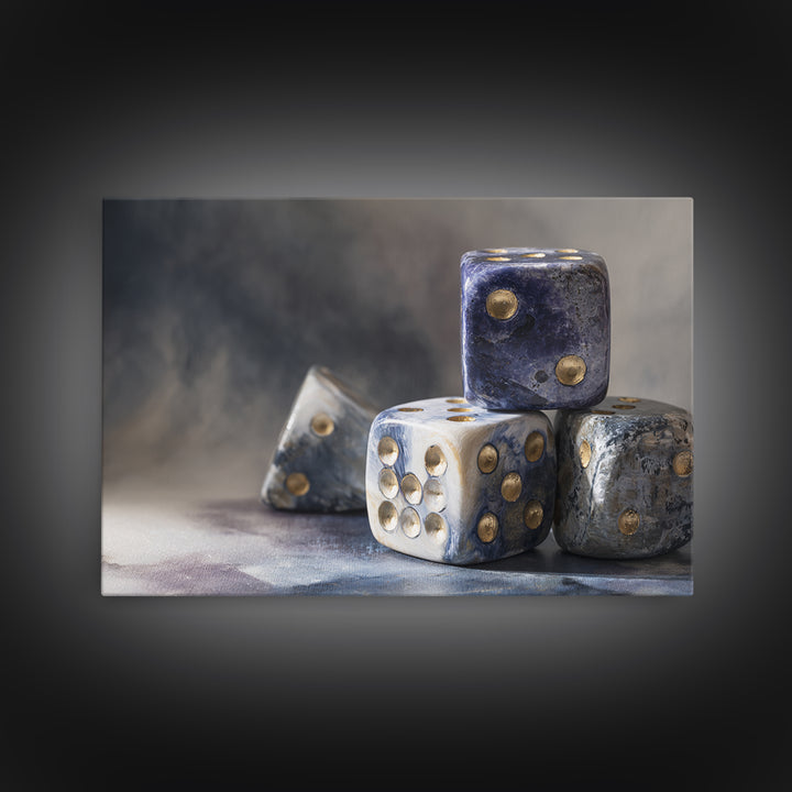 Tabletop Dice Rolling Through Dramatic Light Canvas Print, Game Room Art, Retro Art, Game Room Decor, Fine Art, Play, GRA-3x2-93