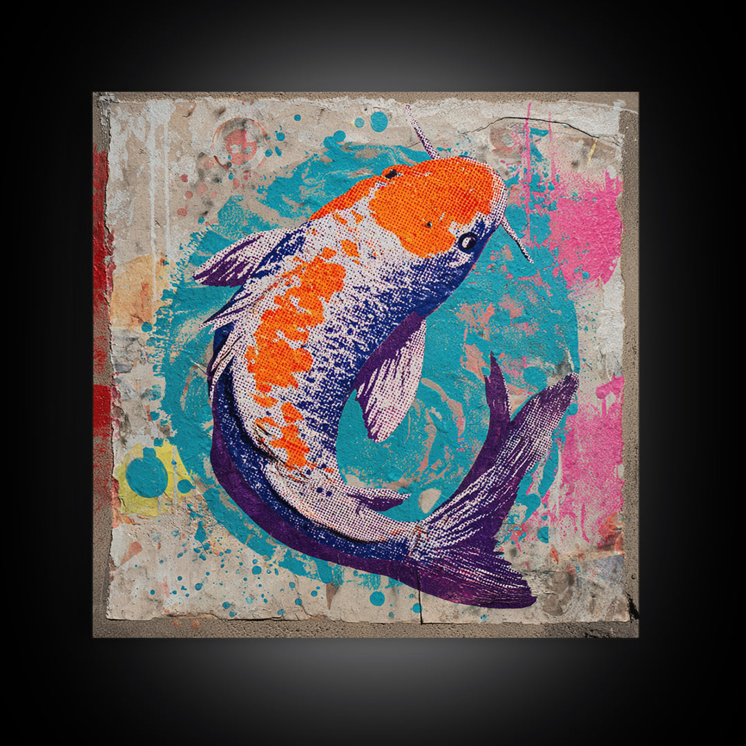 Spray Painted Koi Fish on Brick Texture Framed Canvas Print, Graffiti Art, Canvas Wall Art, Living Room Decor, Watercolor Art, GRF-1x1-16