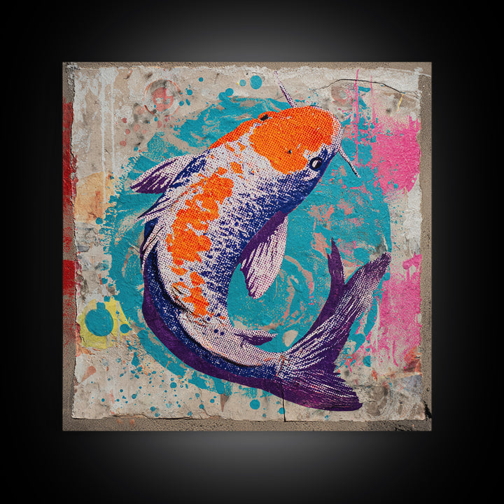 Spray Painted Koi Fish on Brick Texture Framed Canvas Print, Graffiti Art, Canvas Wall Art, Living Room Decor, Watercolor Art, GRF-1x1-16
