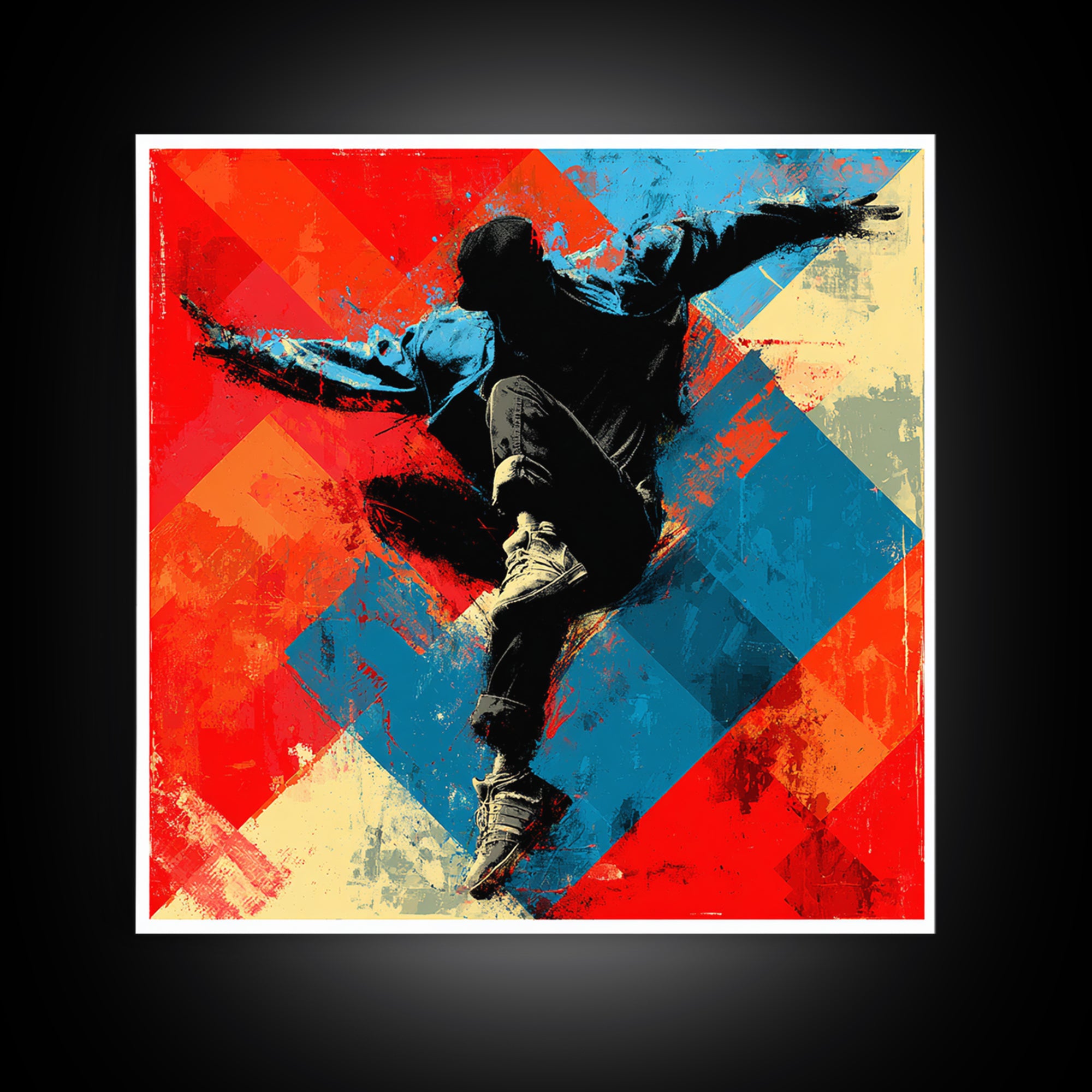 Breakdancer Silhouette over Bright Paint Splashes Framed Canvas Print, Graffiti Art, 3d Wall Art, Living Room Decor, Street, GRF-1x1-2
