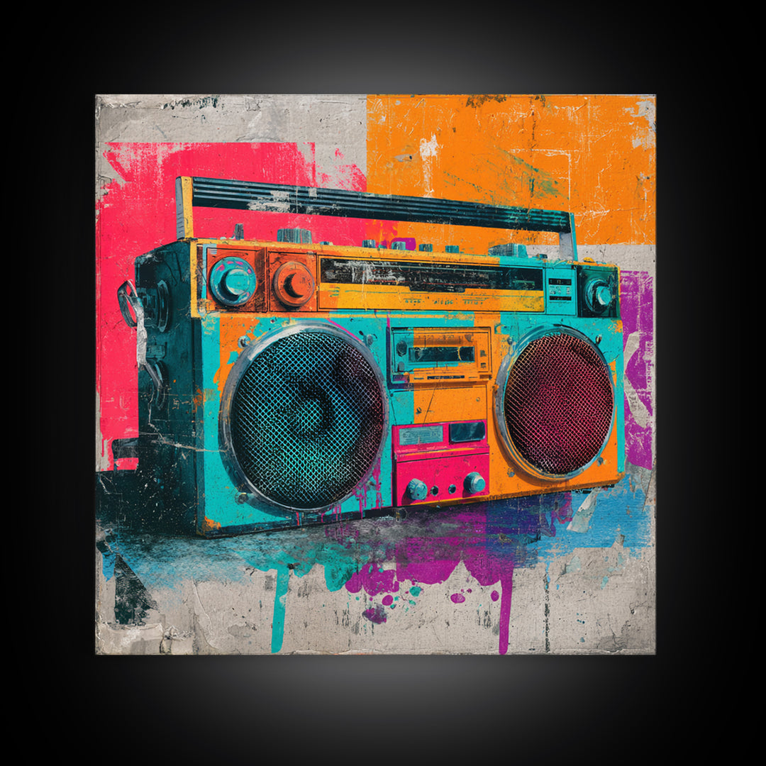 Boombox and Cassette Tape Framed Canvas Print, Graffiti Art, Gallery Decor, Living Room Decor, Fine Art, Street, Wall Art, GRF-1x1-38