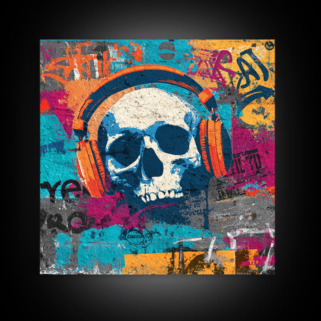 Skull and Headphones Mural Composition Framed Canvas Print, Graffiti Art, Abstract Art, Living Room Decor, Fine Art, Street, GRF-1x1-47