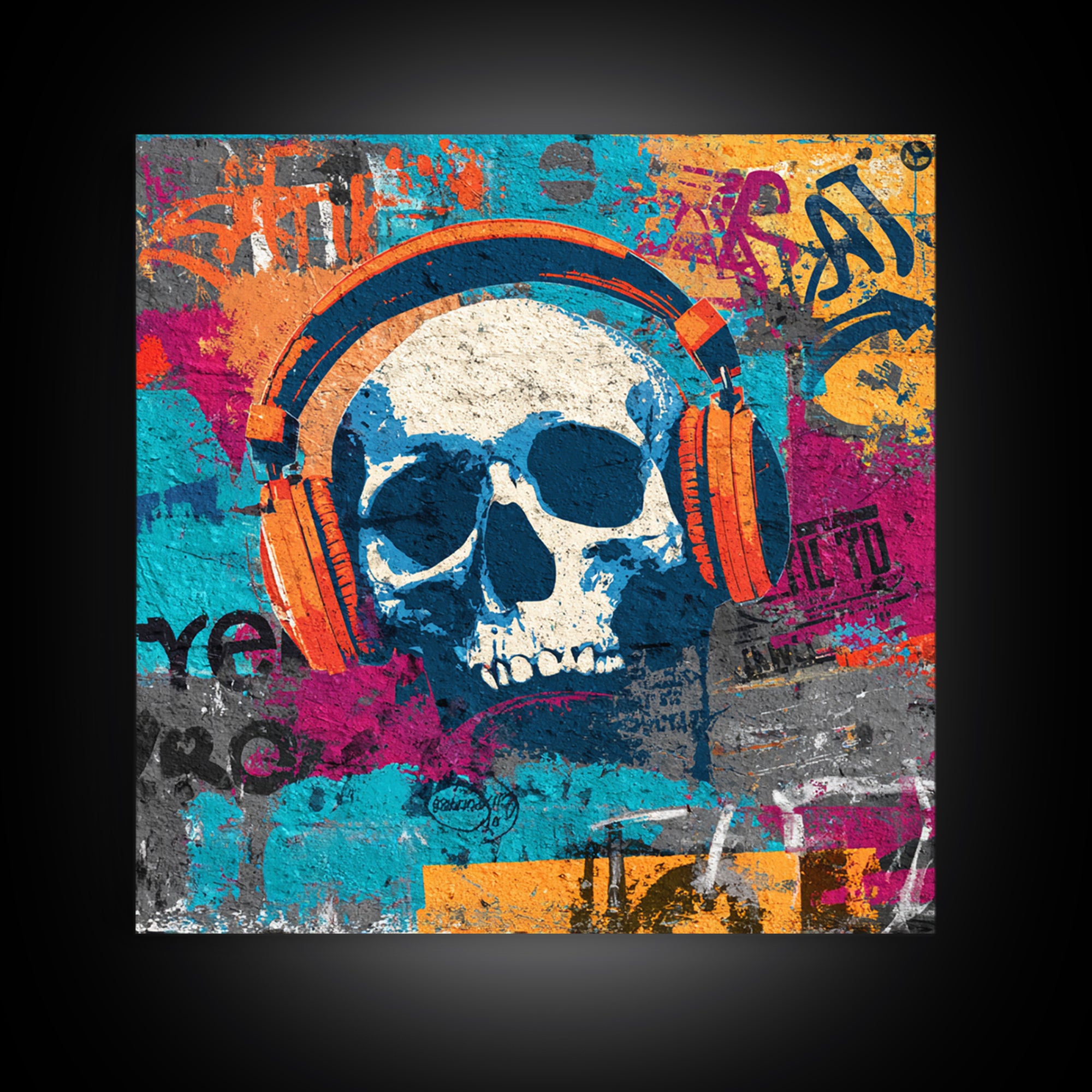 Skull and Headphones Mural Composition Framed Canvas Print, Graffiti Art, Abstract Art, Living Room Decor, Fine Art, Street, GRF-1x1-47