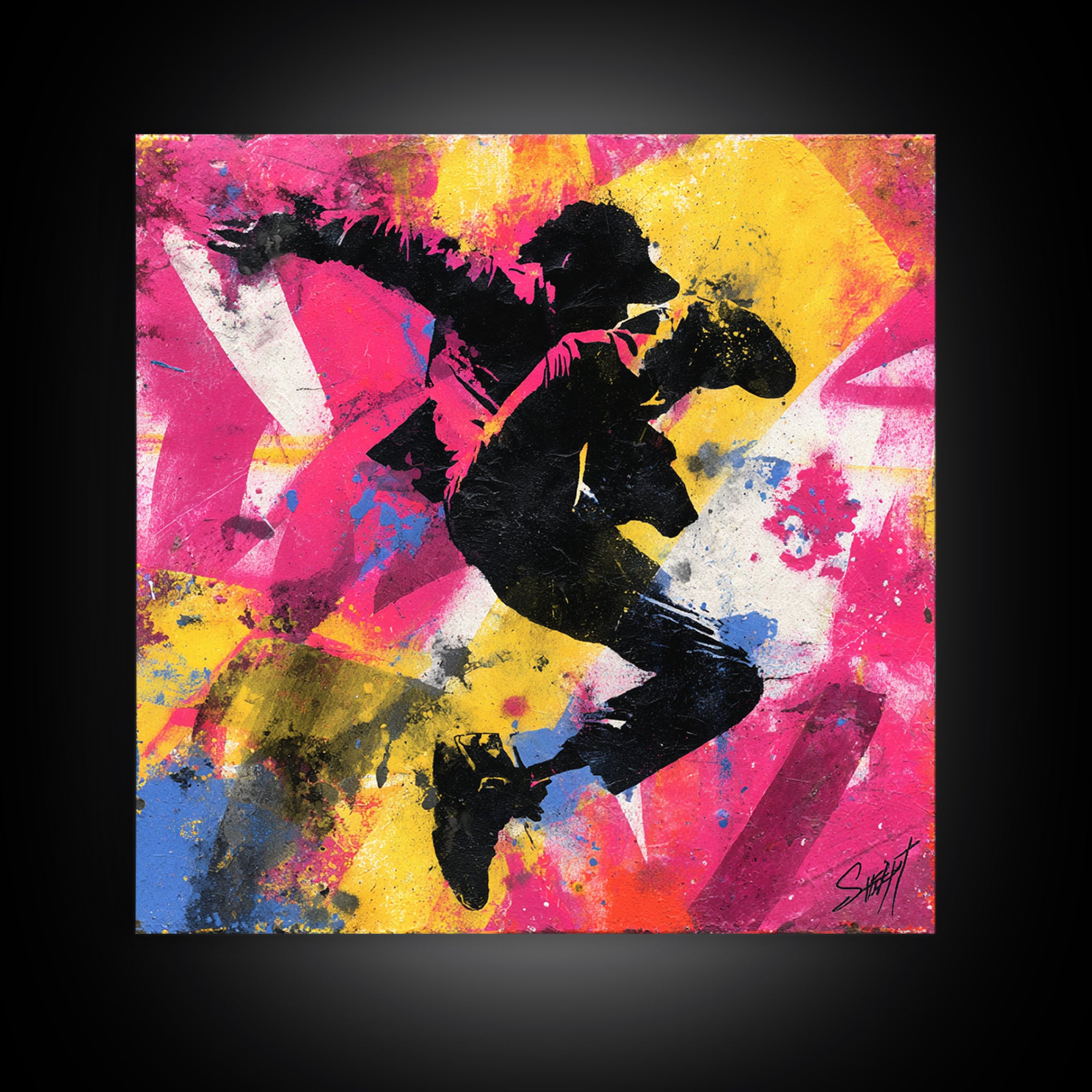 Breakdancer Silhouette over Bright Paint Splashes Canvas Print, Graffiti Art, Graffiti, Living Room Decor, Fine Art, Street, GRF-1x1-50